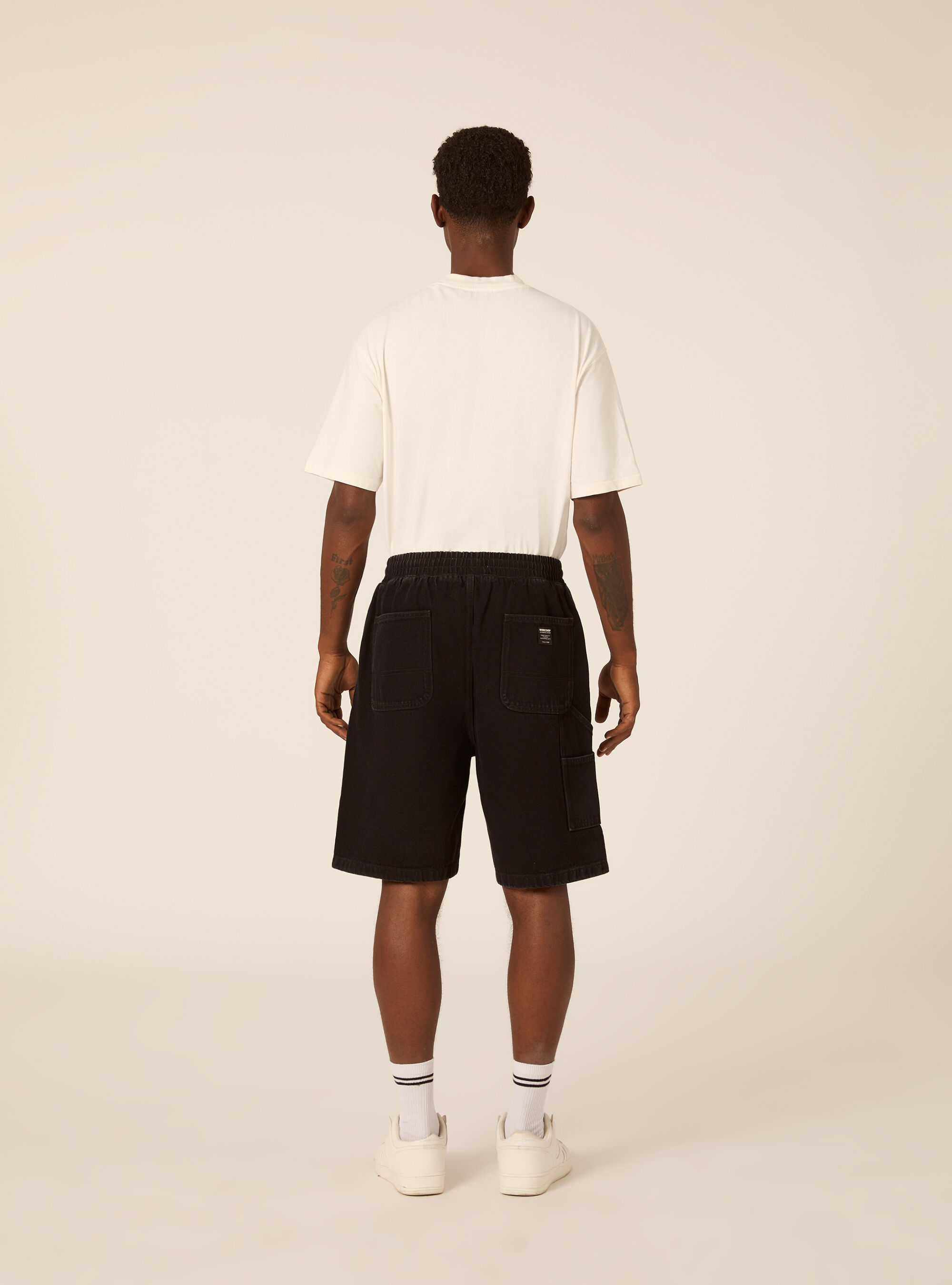 Bermuda carpenter con elastico in vita in twill, BK1 BLACK