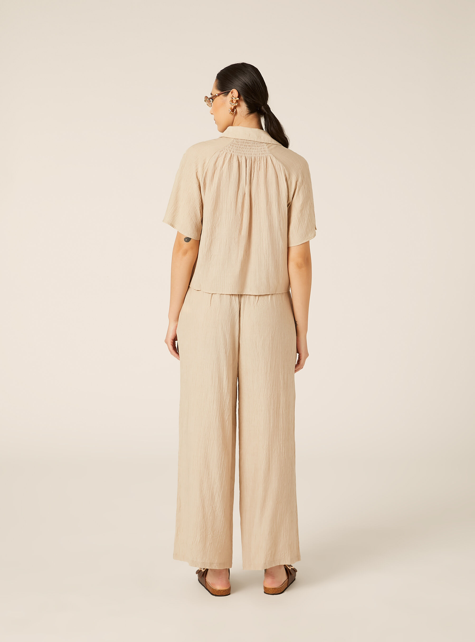 Camicia maniche corte in crepe, BG2 BEIGE MEDIUM