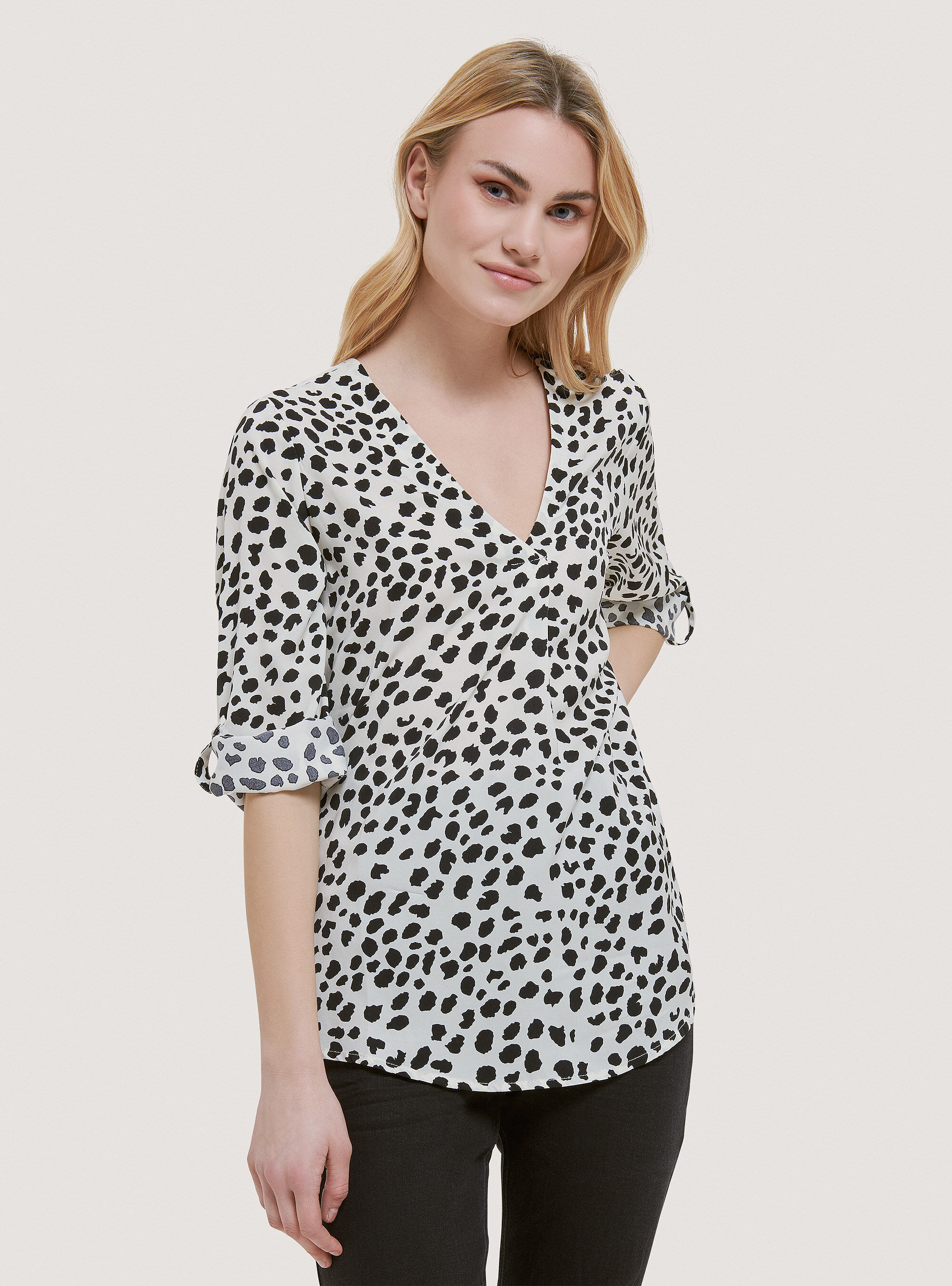 Satin blouse with neckline, BLACK
