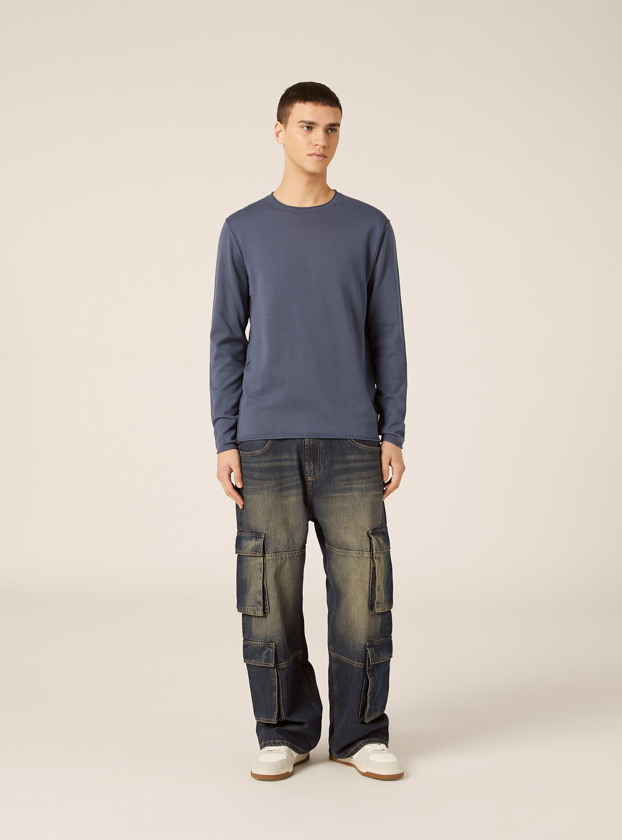 Pullover girocollo in cotone, BL3 BLUE LIGHT