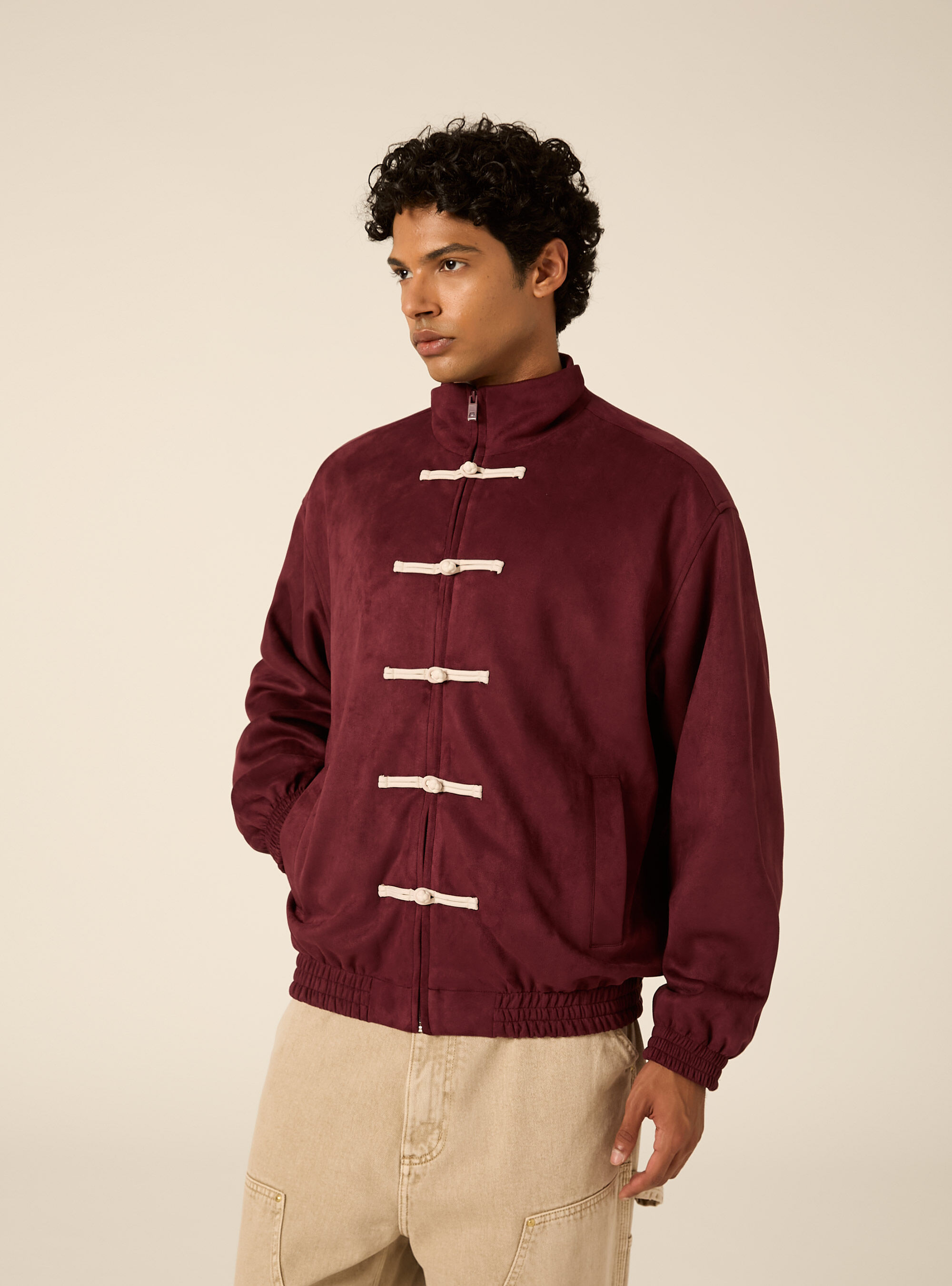 Bomber in simil suede con zip e chiusure frontali