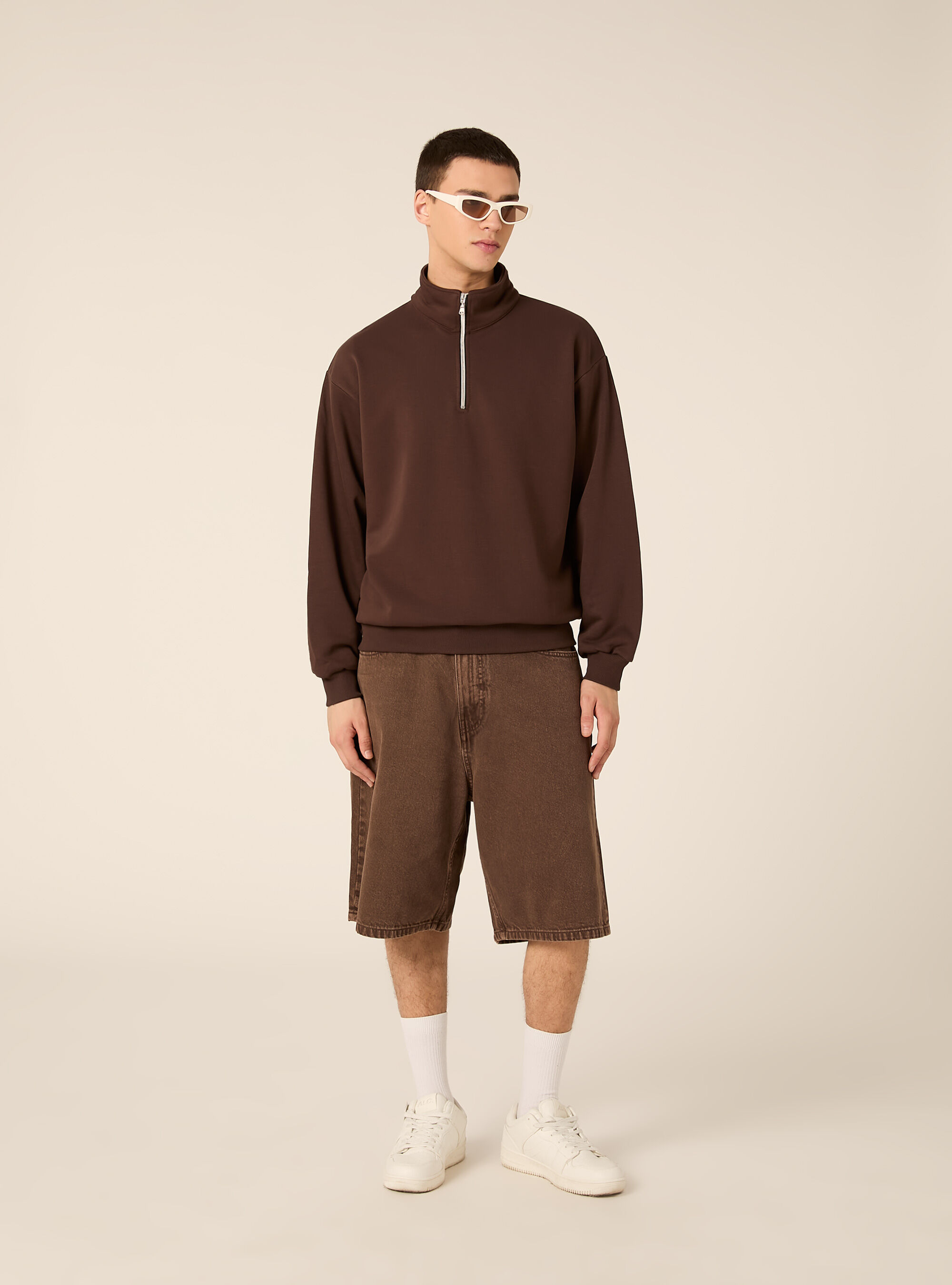 Felpa mezzo collo con zip boxy fit, BR1 BROWN DARK