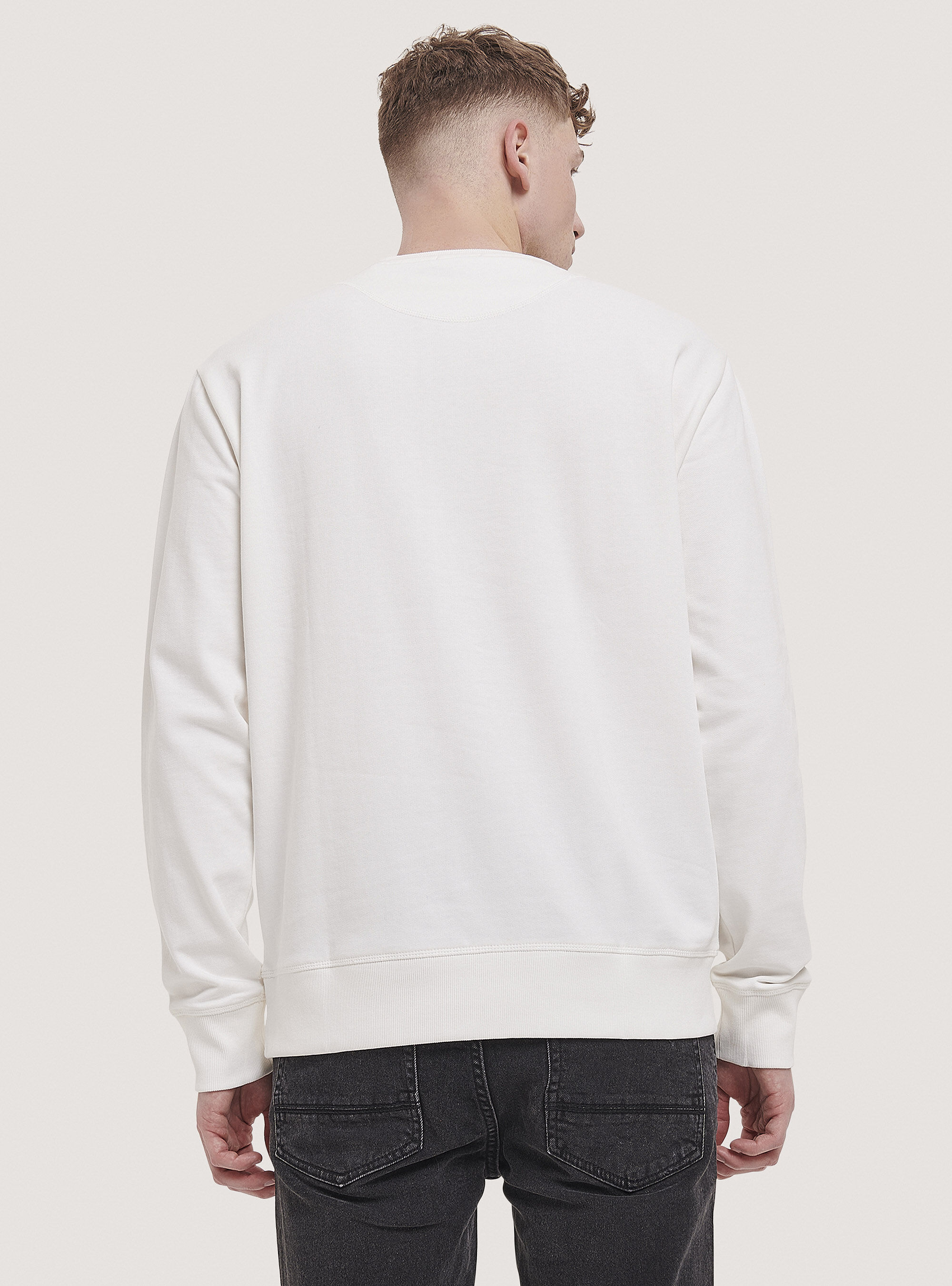 Sweat-shirt basique en coton &agrave; col rond, C0020 OFF WHITE