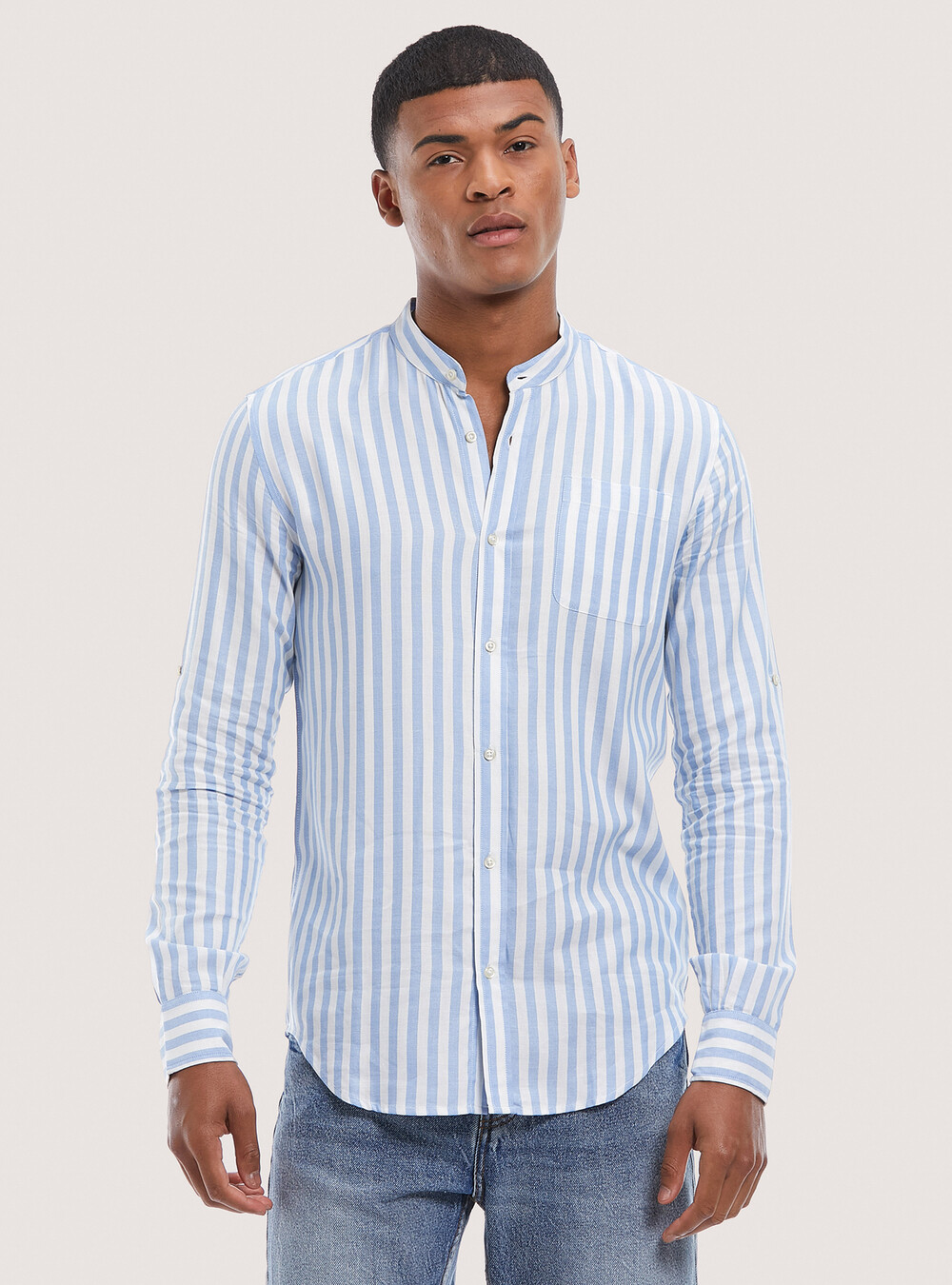 Collo Coreana Camicia Di Lino A Strisce Camicie Uomo Collo Coreana