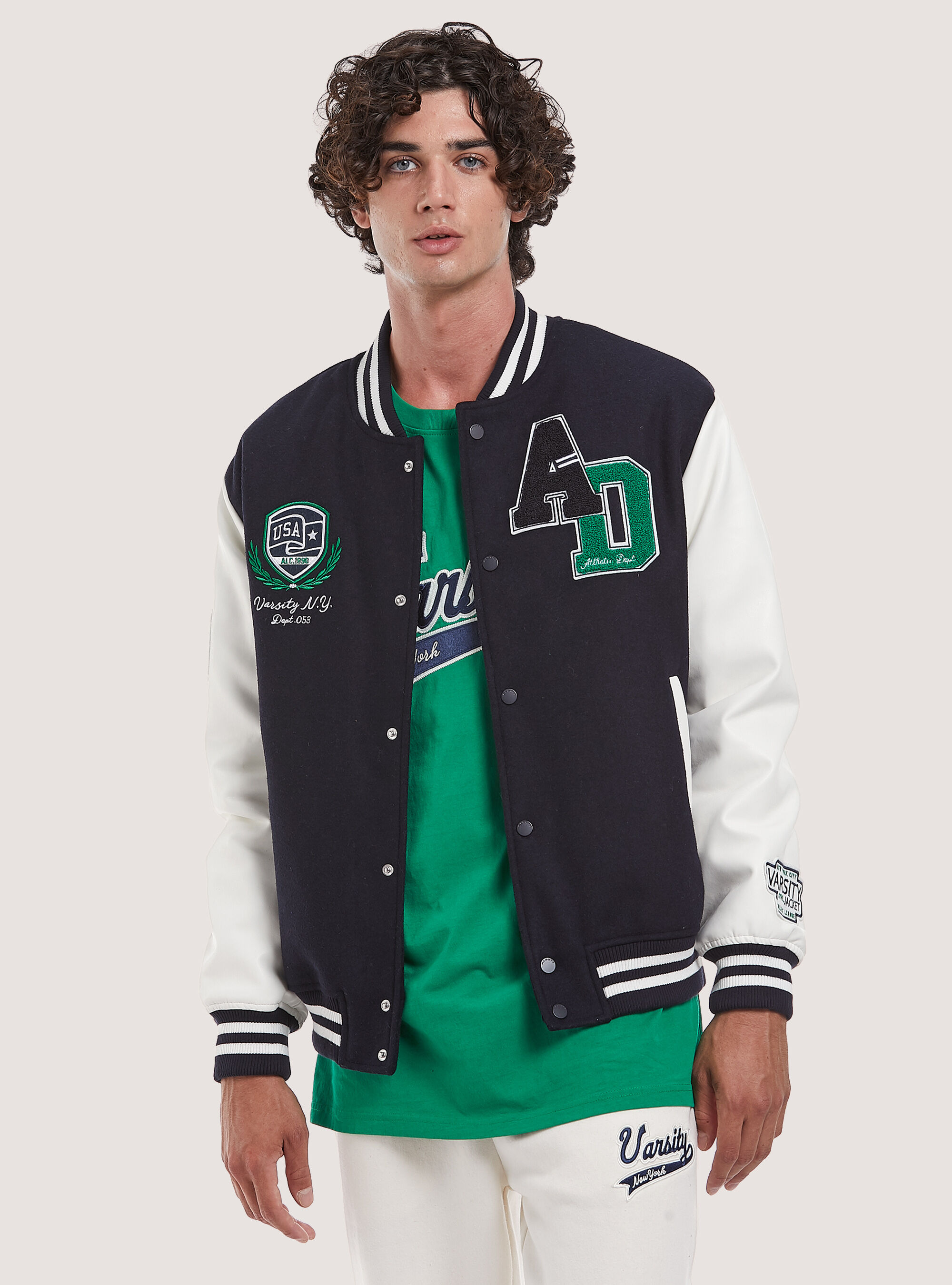 College-style bomber jacket with leather-effect sleeves, NA1 NAVY DARK