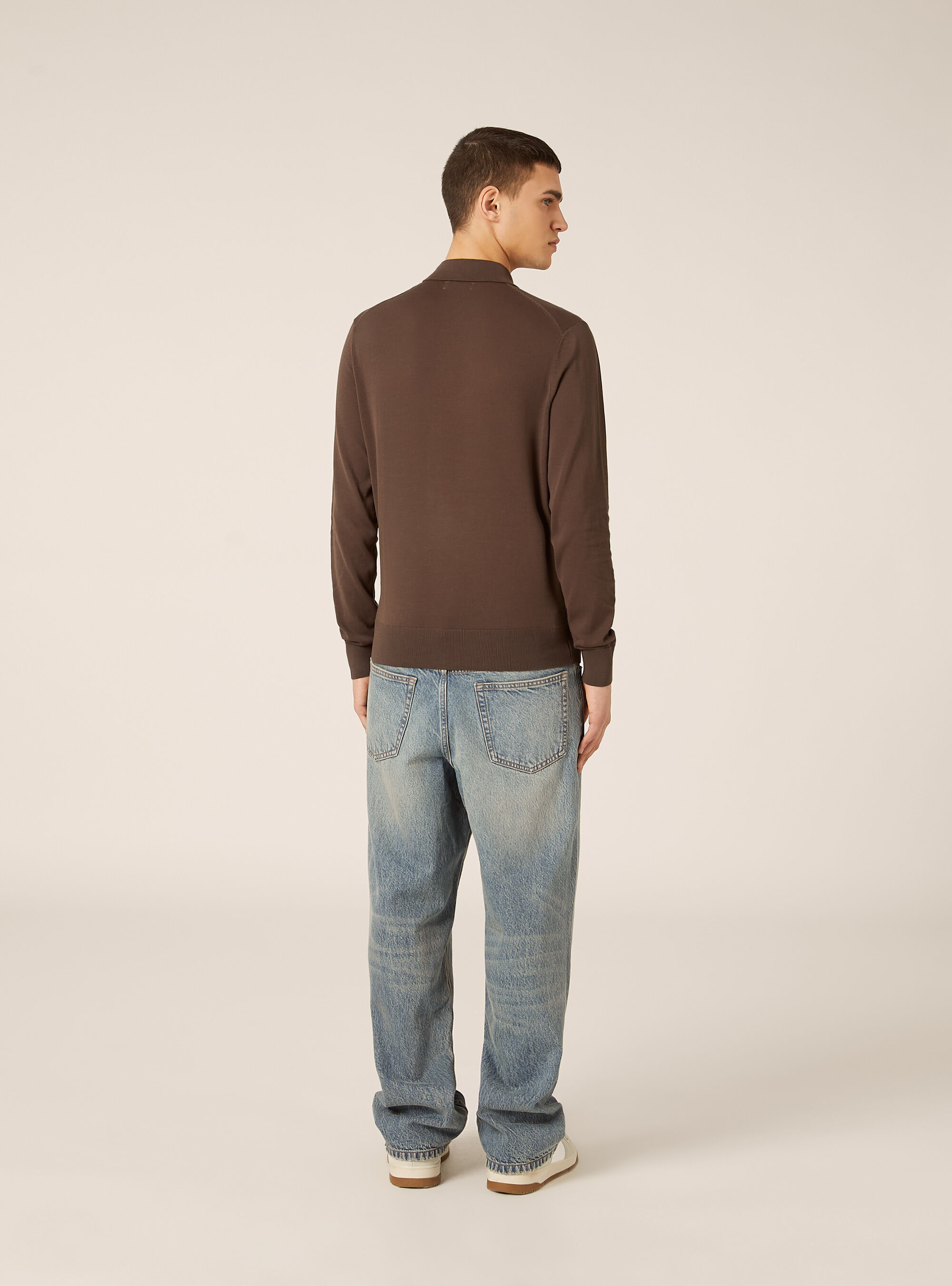 Long-sleeved cotton polo shirt, BR2 BROWN MEDIUM