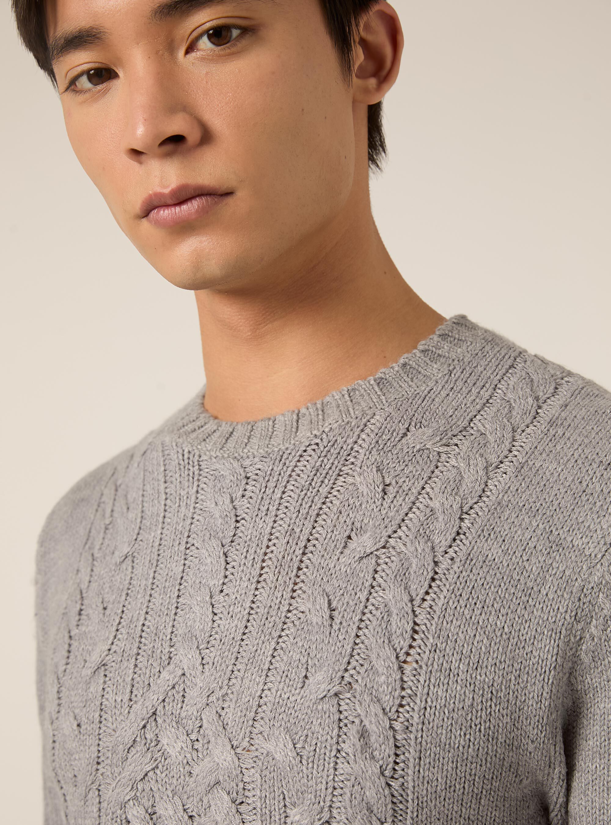 Pullover mit Rundhalsausschnitt und Zopfmuster, MGY3 GREY MEL LIGHT