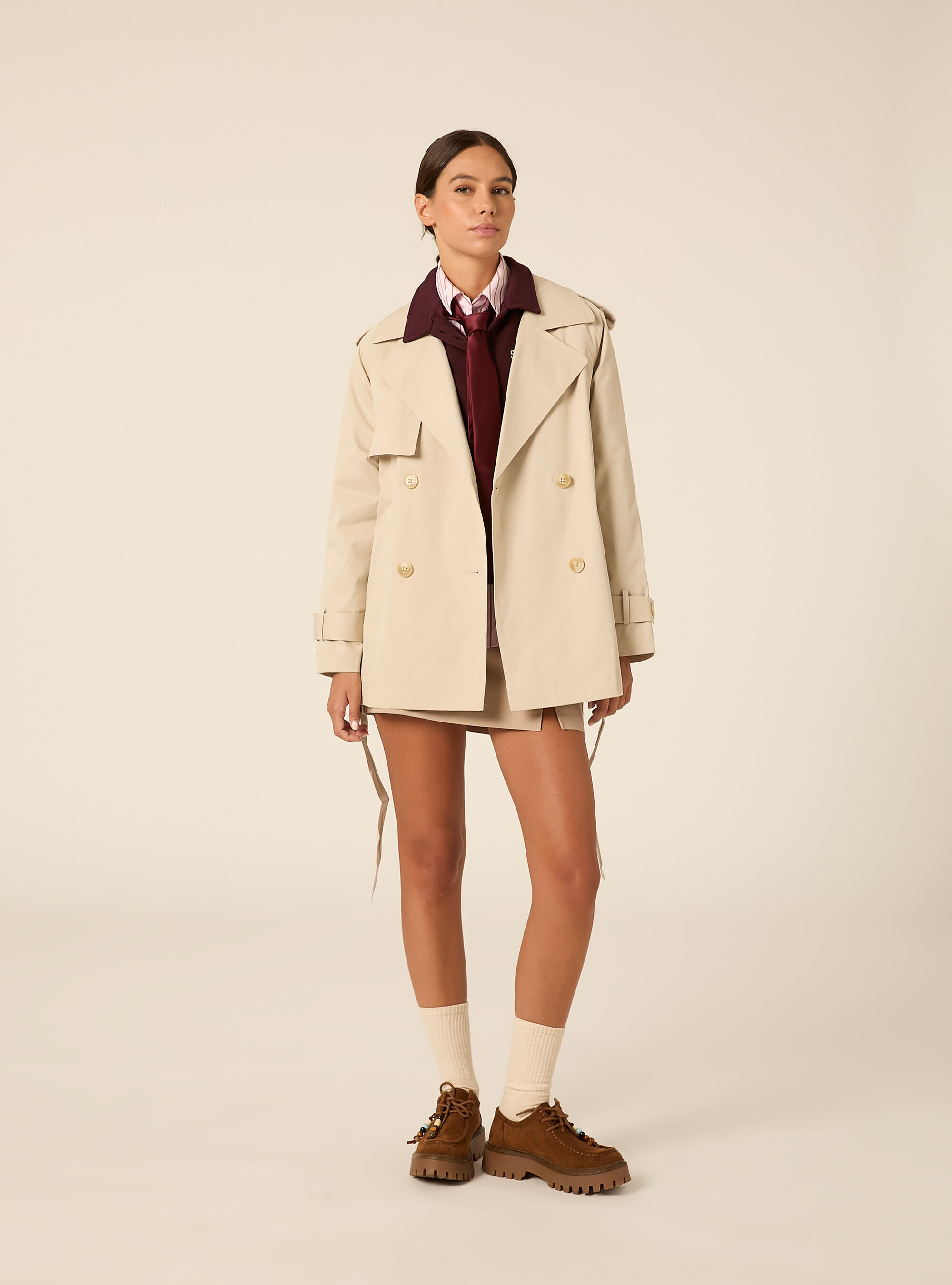 Short Double-Breasted Belted Trench Coat