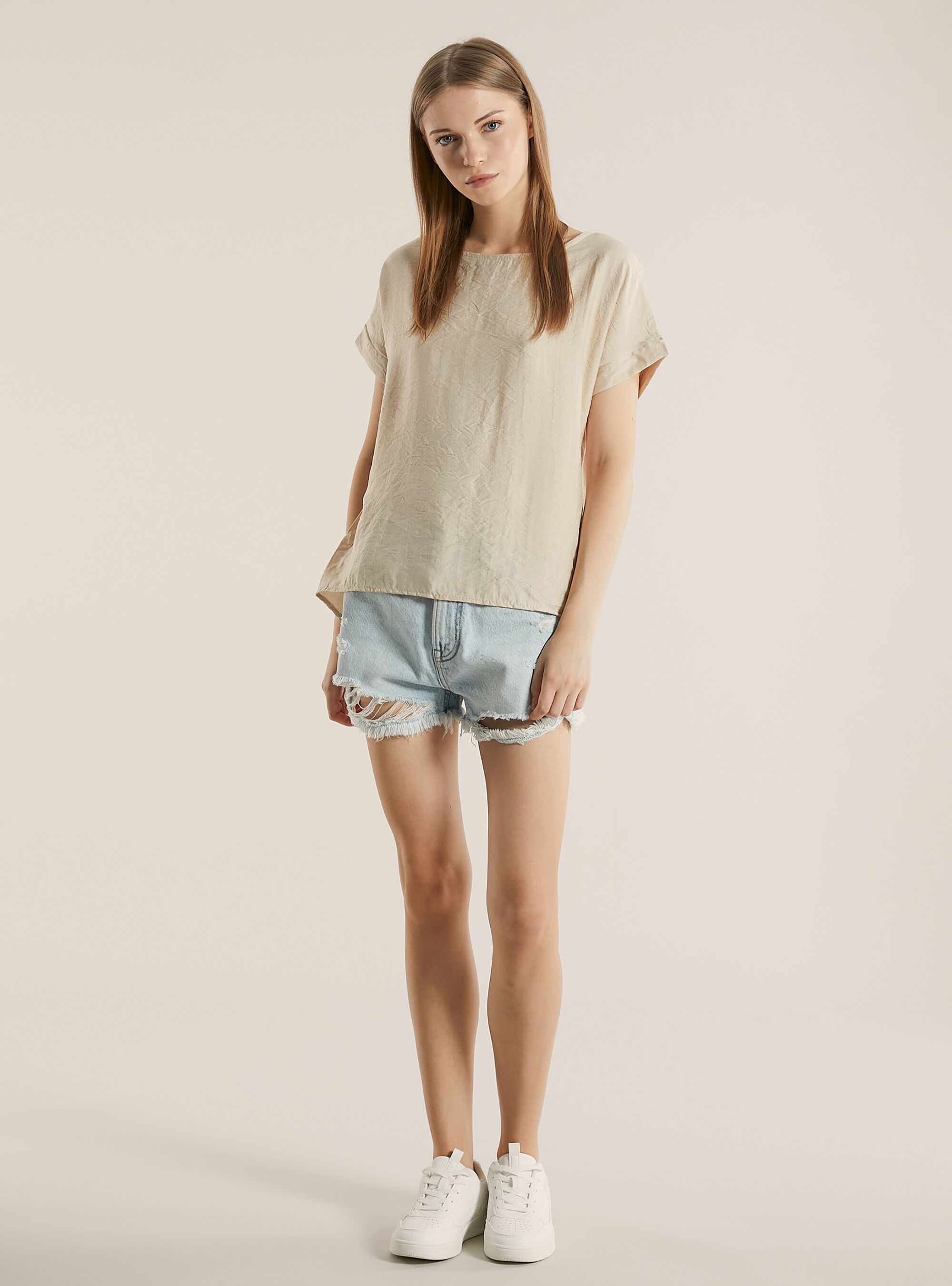 Blusa in cannet&eacute; in tinta unita, BG2 BEIGE MEDIUM