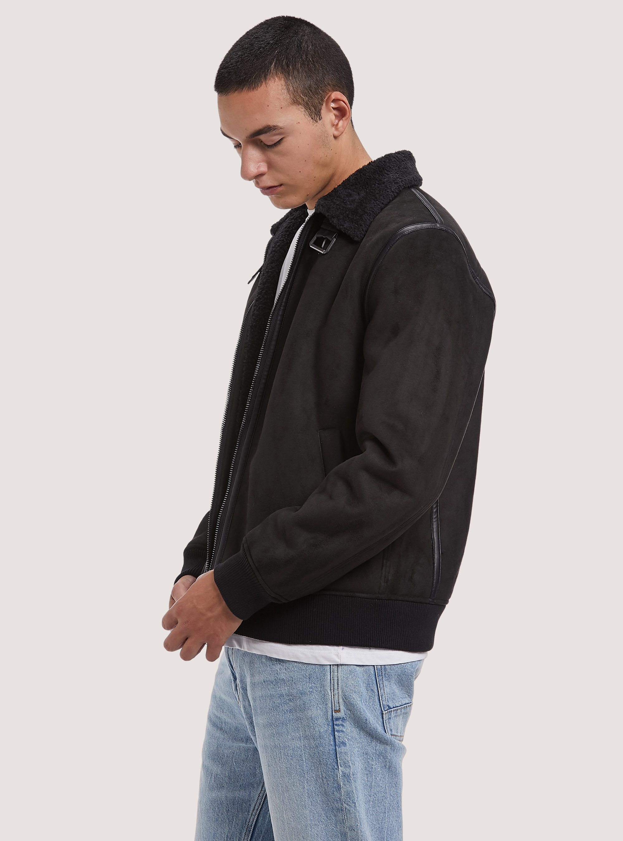 Giubbotto effetto suede con collo agnellato, BK1 BLACK