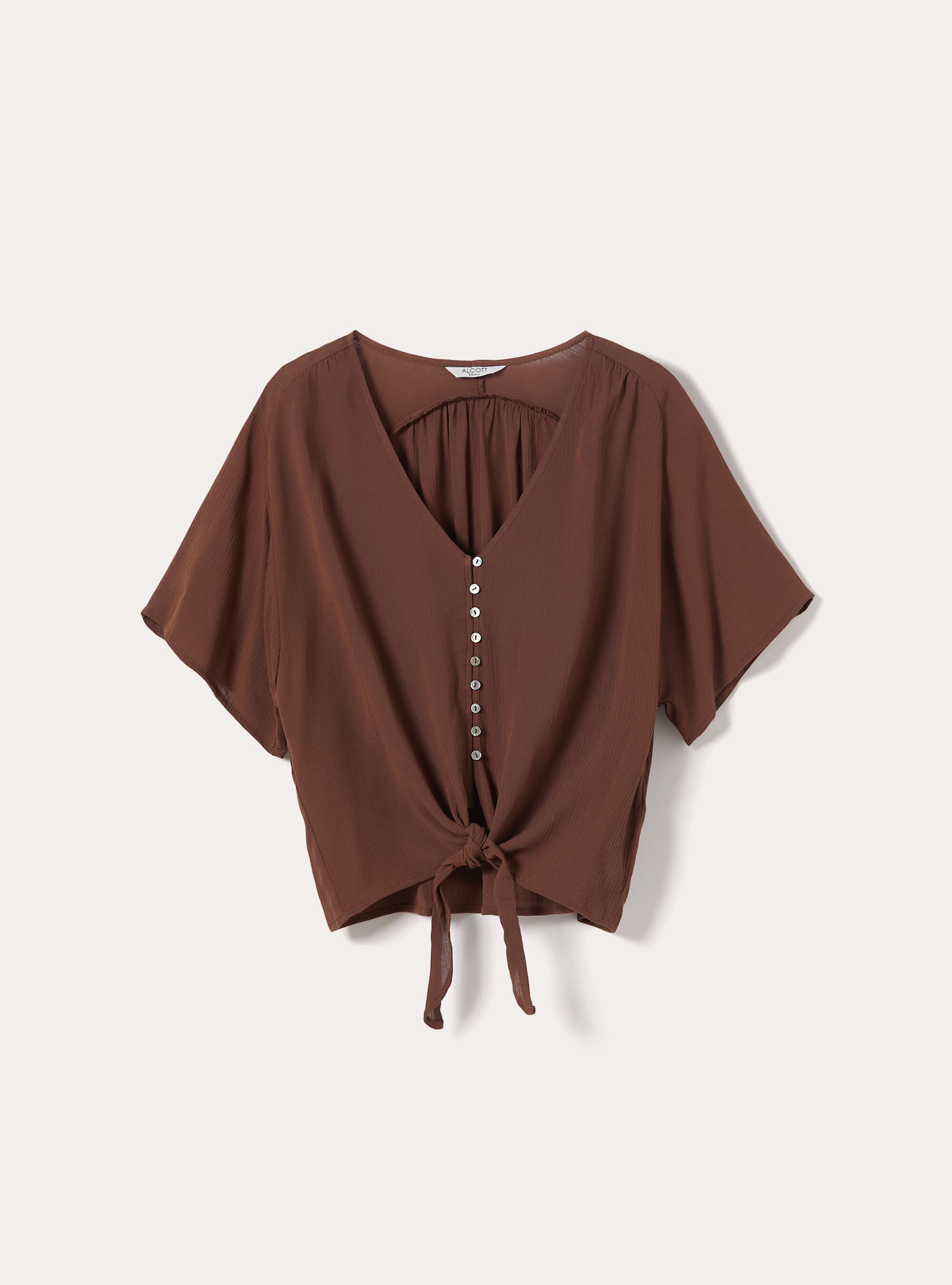 Solid color V-neck shirt with tie-waist, BR2 BROWN MEDIUM