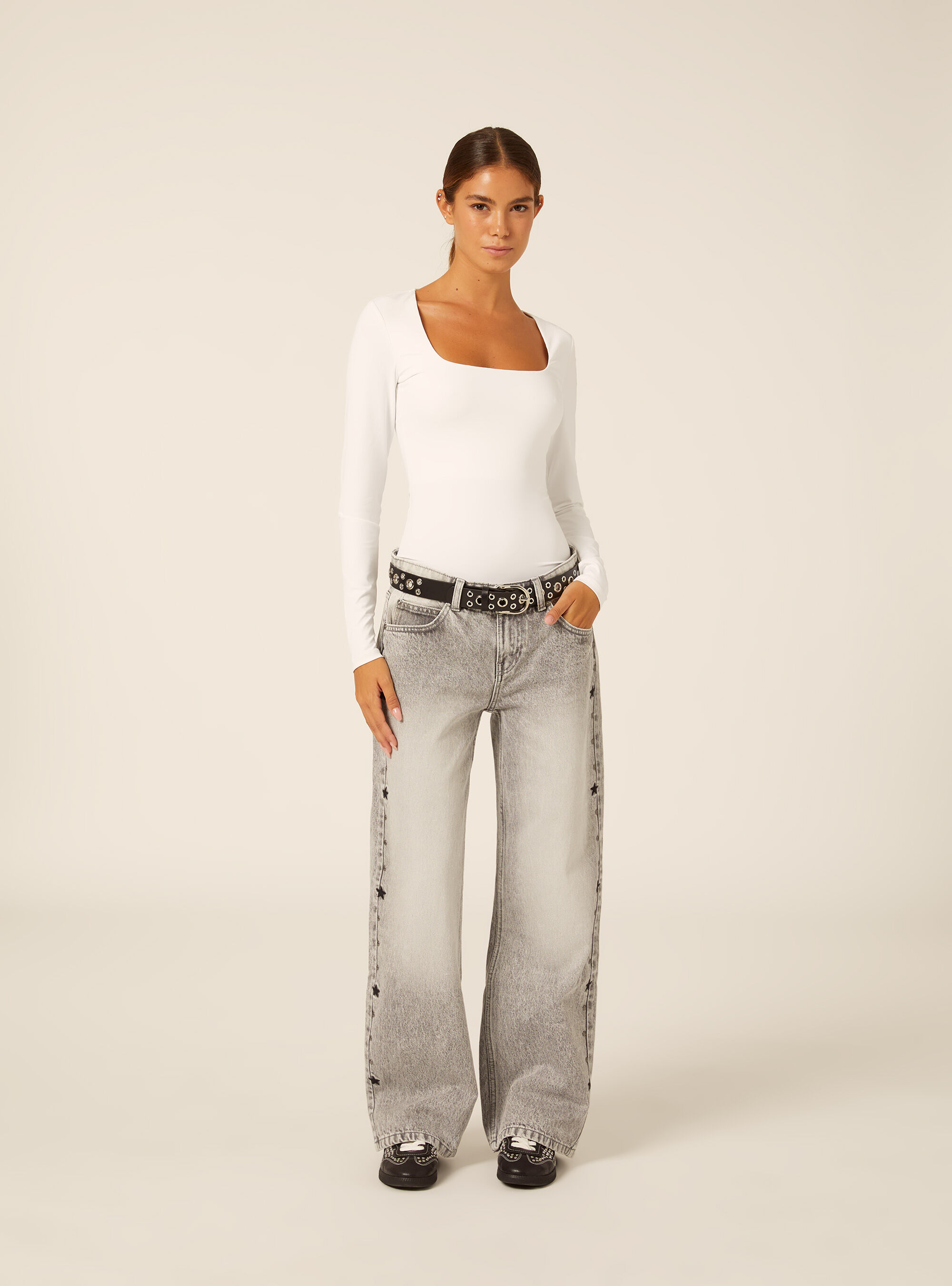 Body de manga larga con escote cuadrado, WH2 WHITE