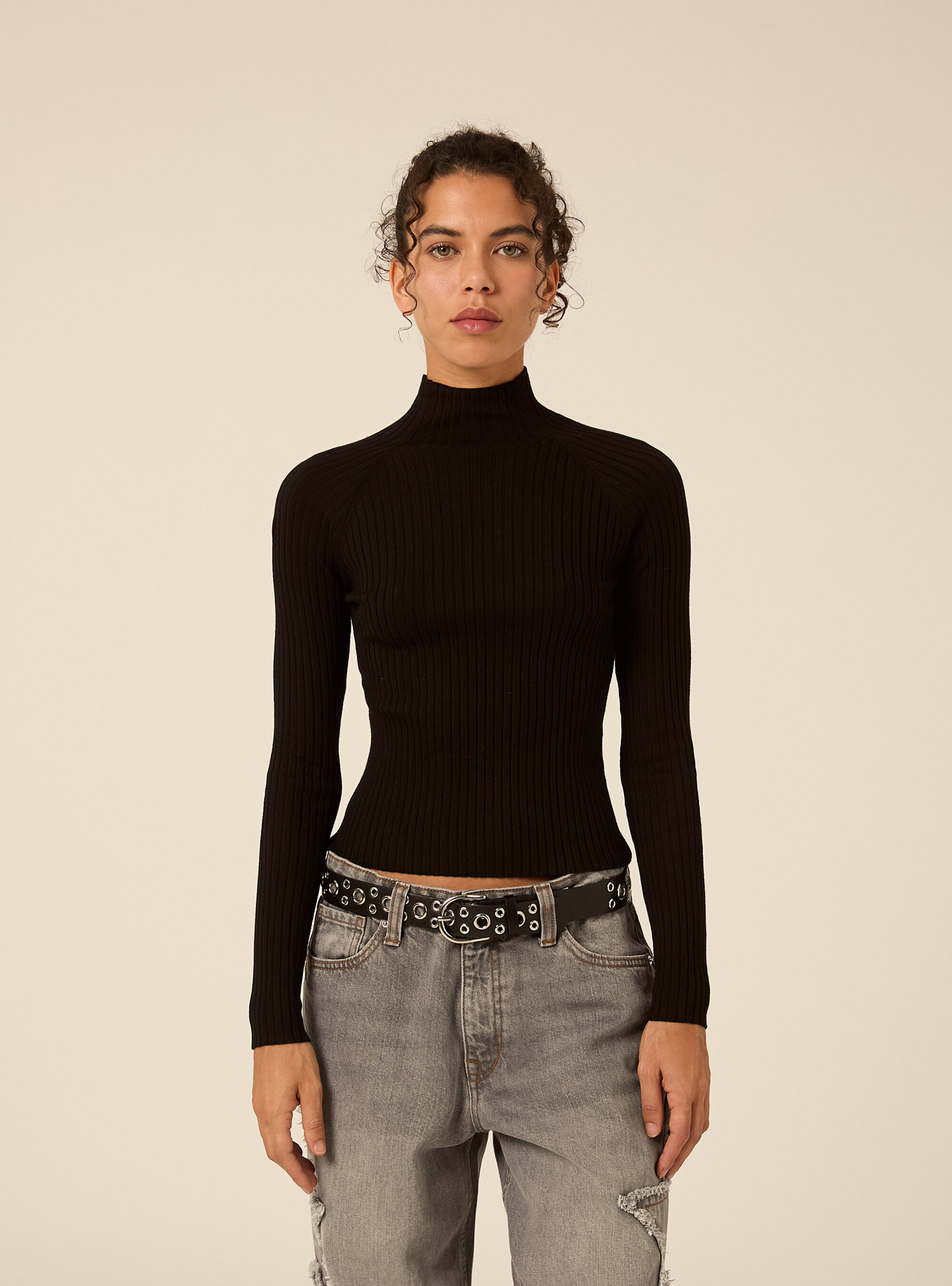 Ribbed mock neck jumper with raglan sleeves, BK1 BLACK