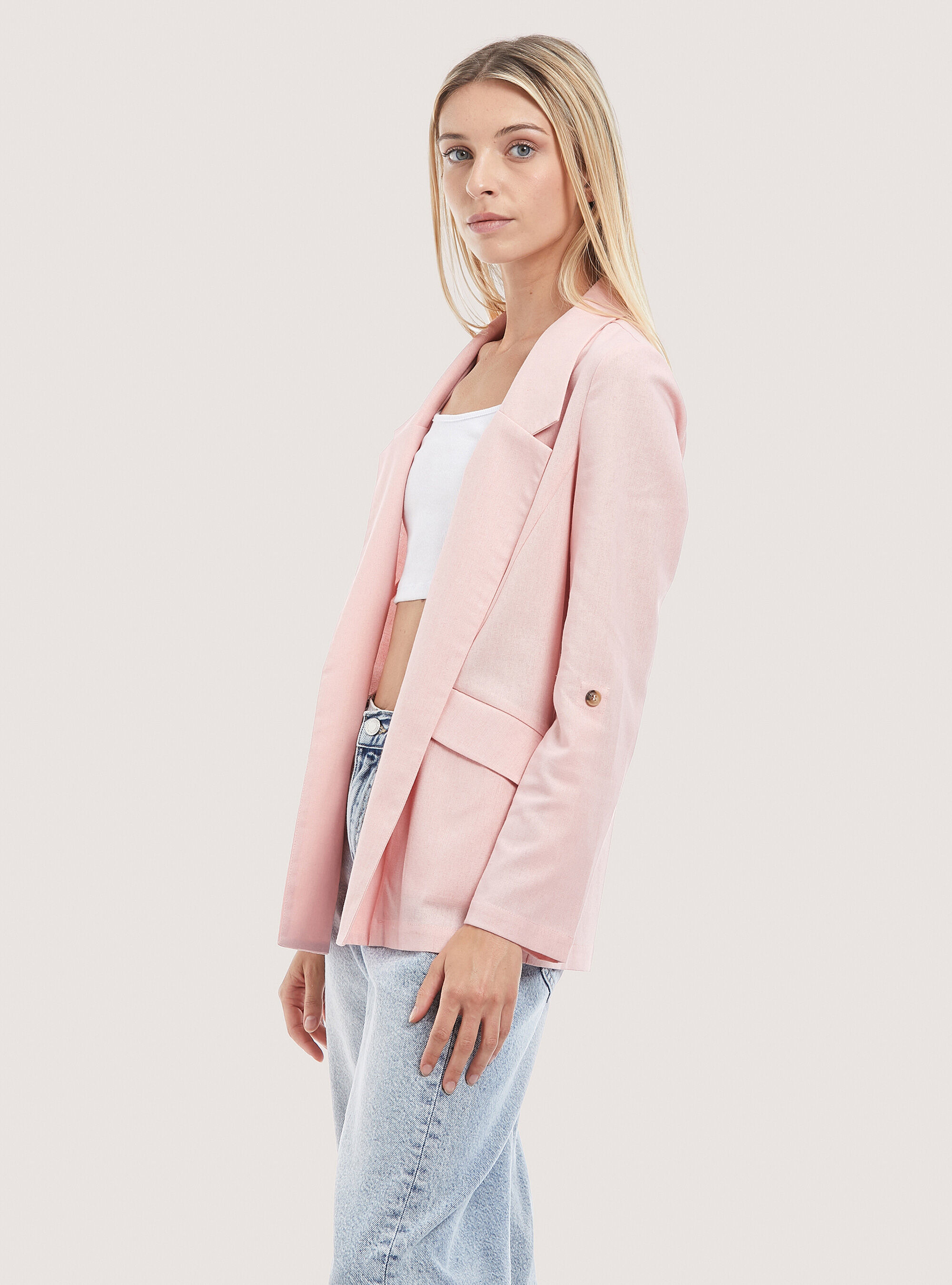 Plain Linen Blend Blazer, C4447 PINK