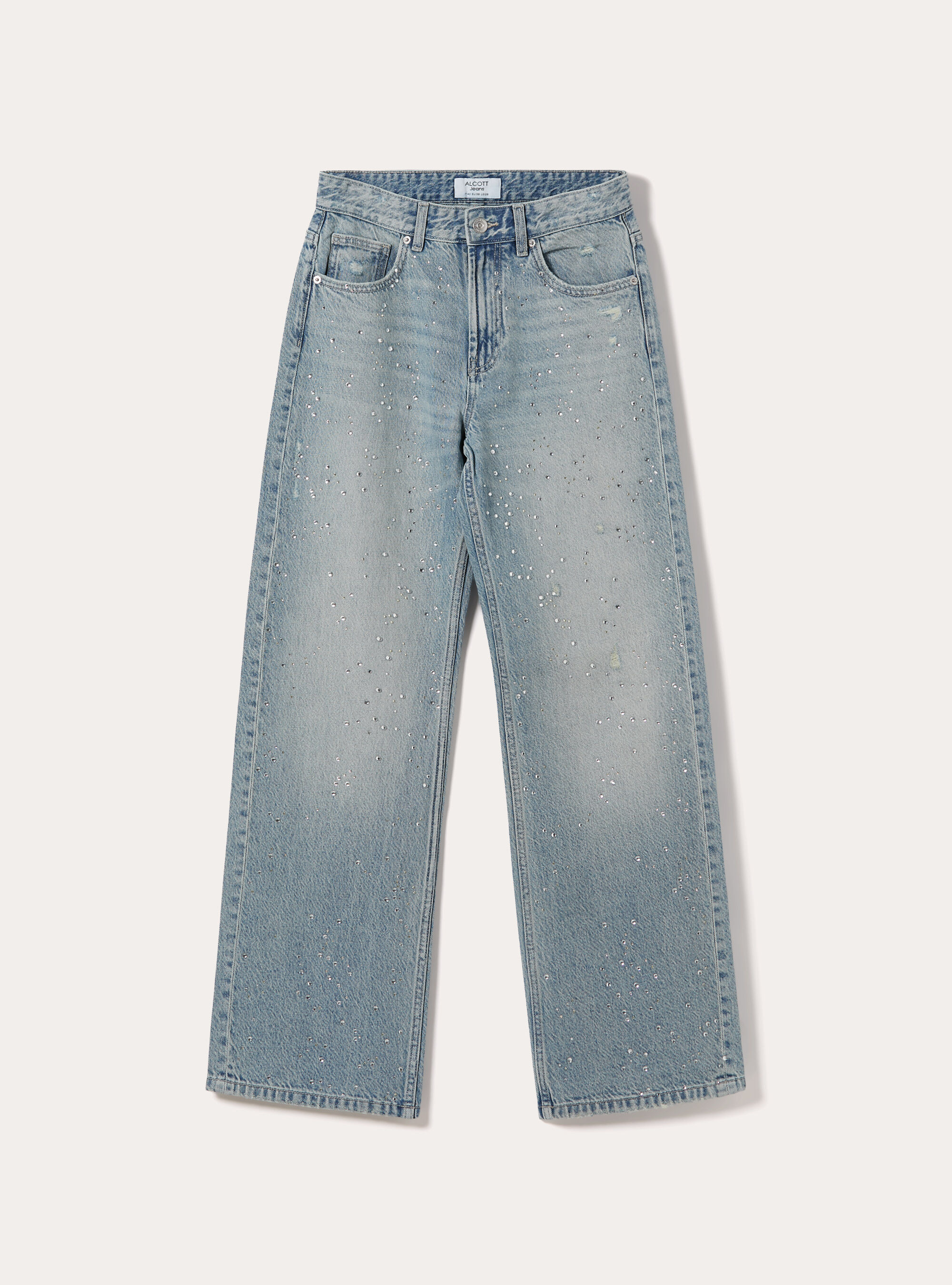 Jeans straight in denim con strass, D006 AZURE