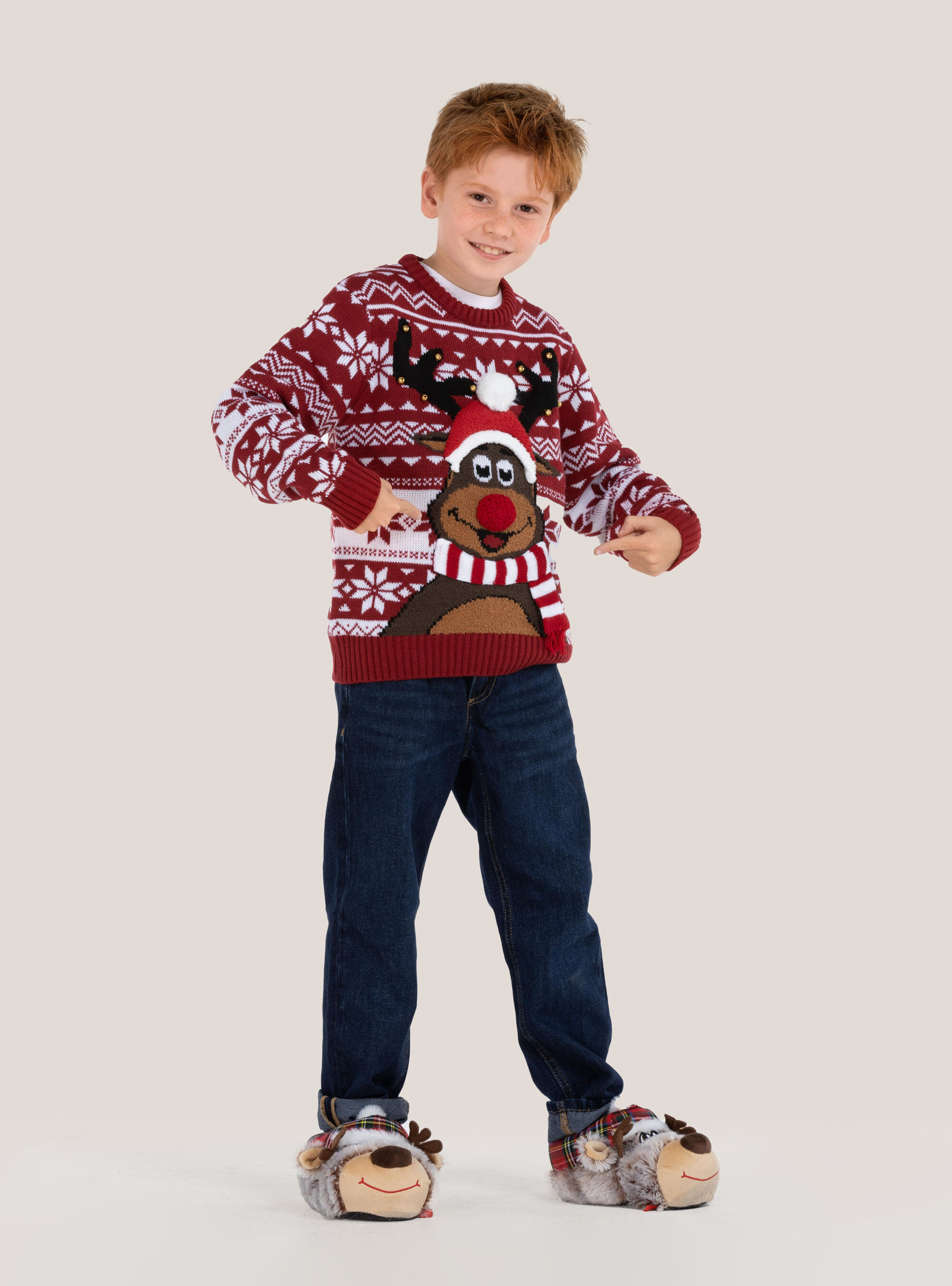 Christmas mini me pullover with reindeer and bells, RED