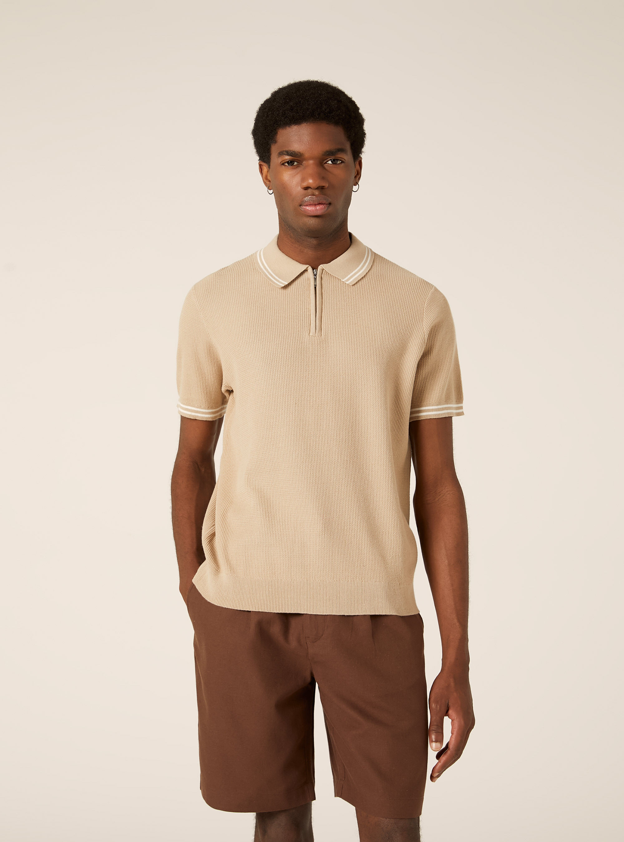 Knit polo shirt with half-zip, BG2 BEIGE MEDIUM