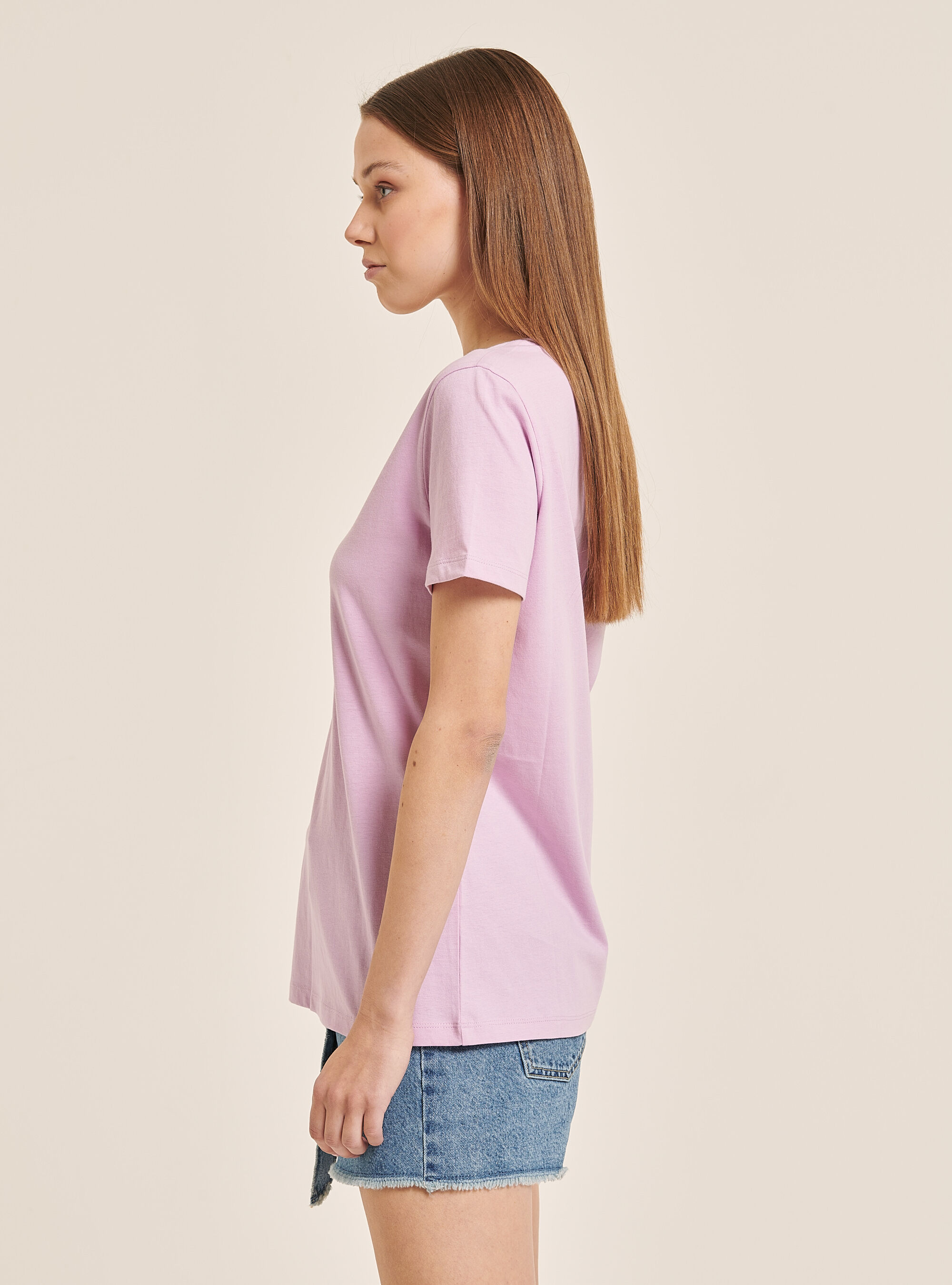 T-shirt col V en coton, C3303 LILLAC