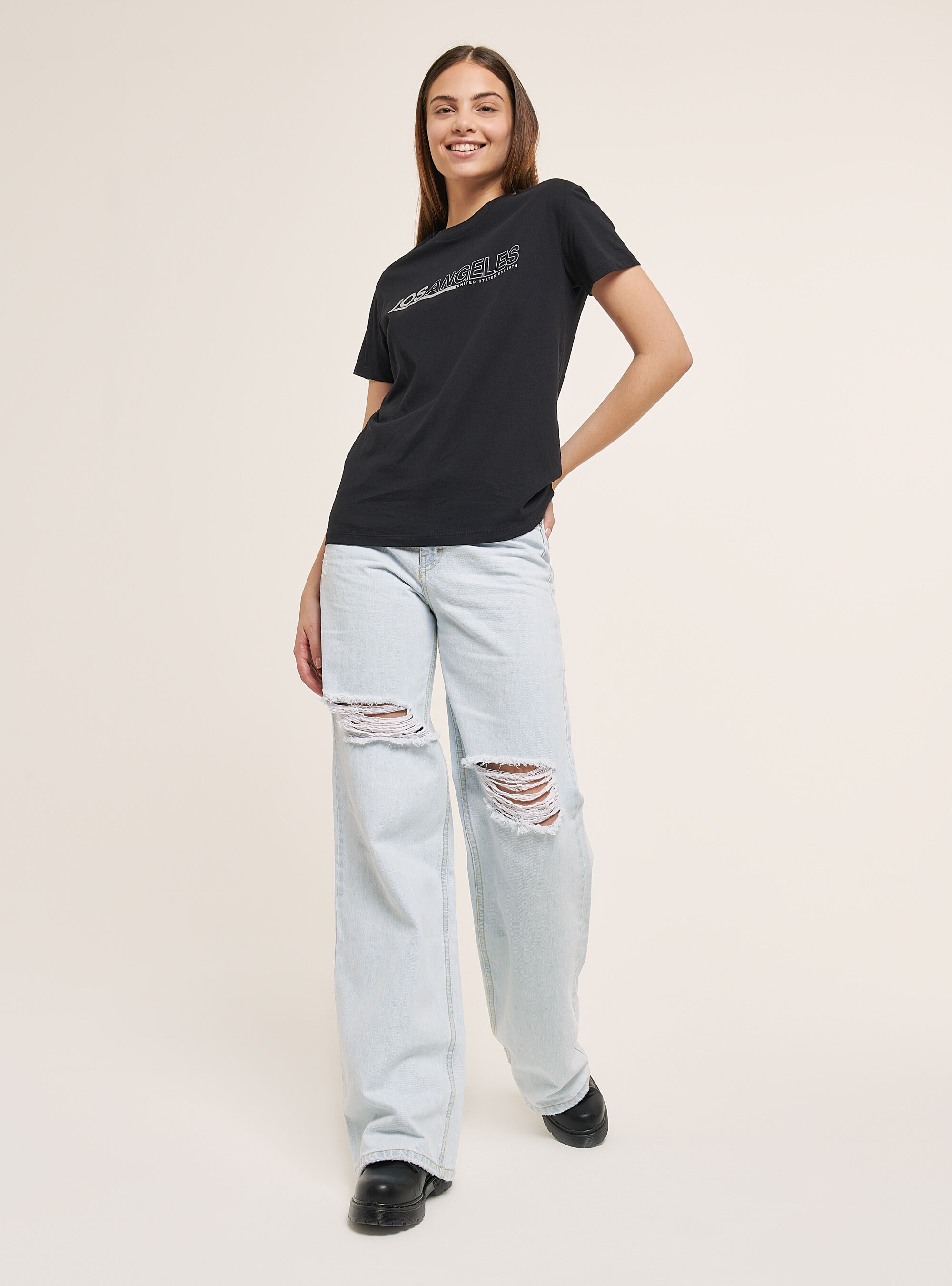 Cotton T-shirt with glitter print, BLACK