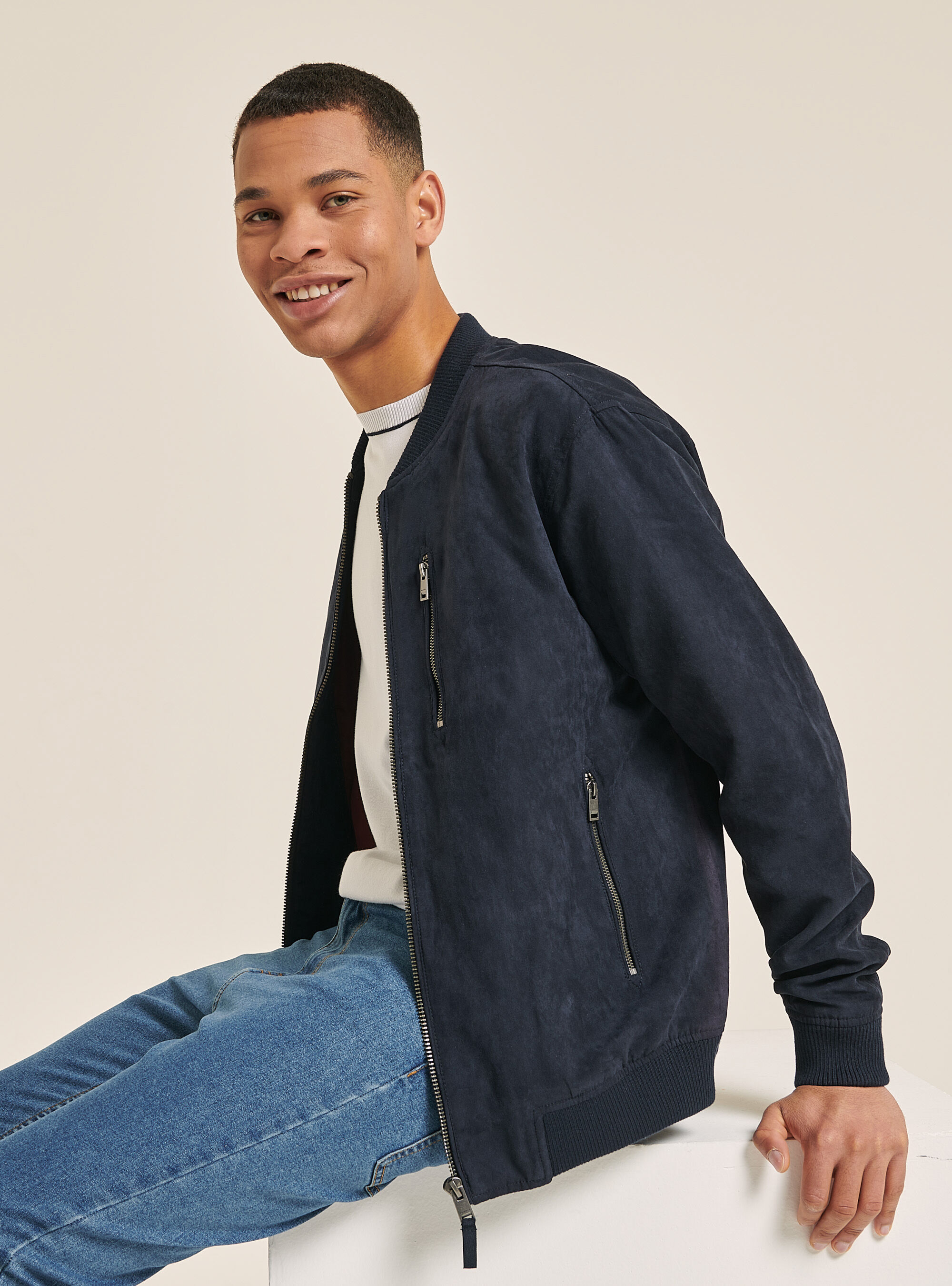 Blouson bomber effet faux daim, C204 BLU NAVY