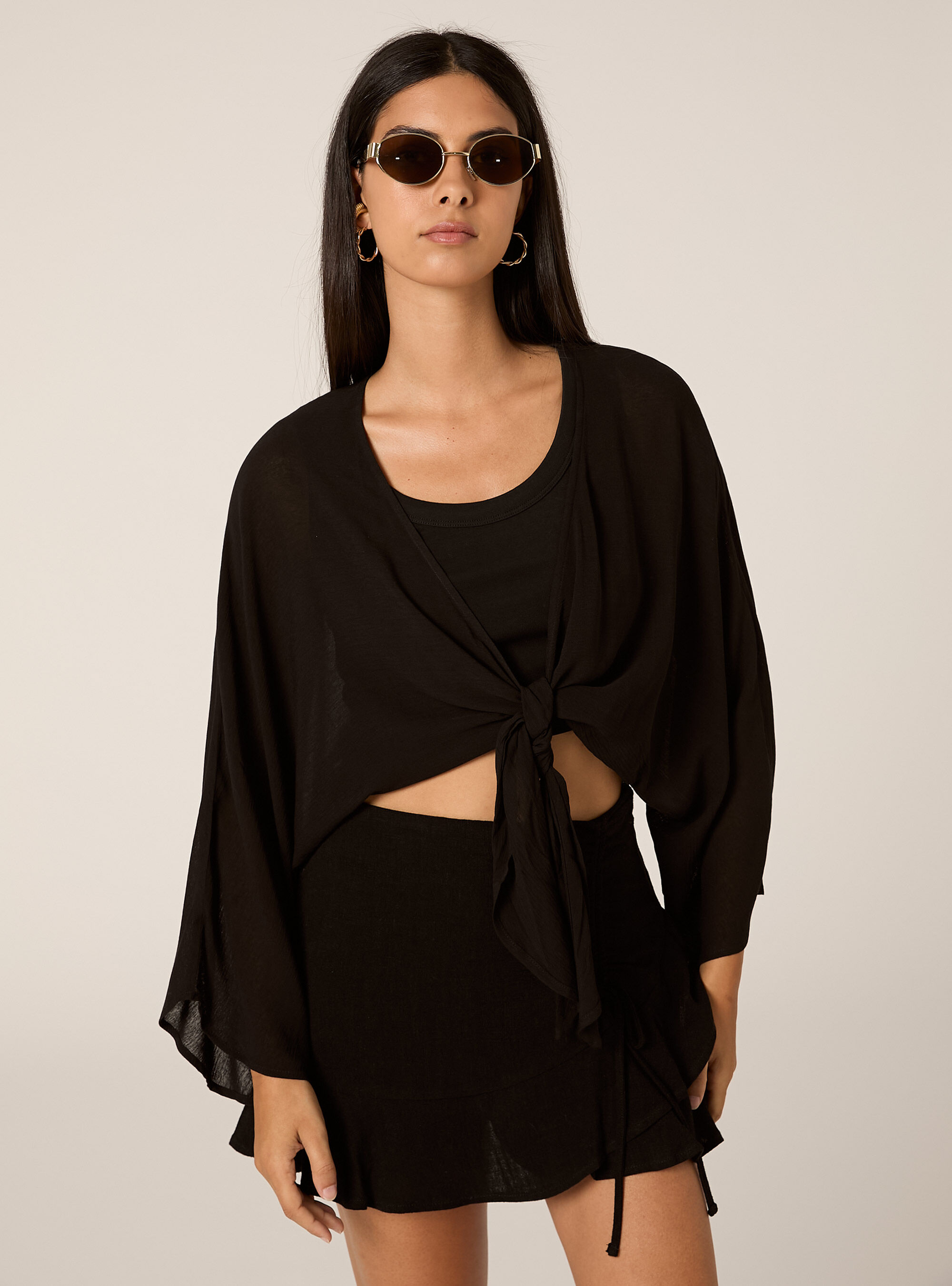 Blusa fluida con nodo, NERO