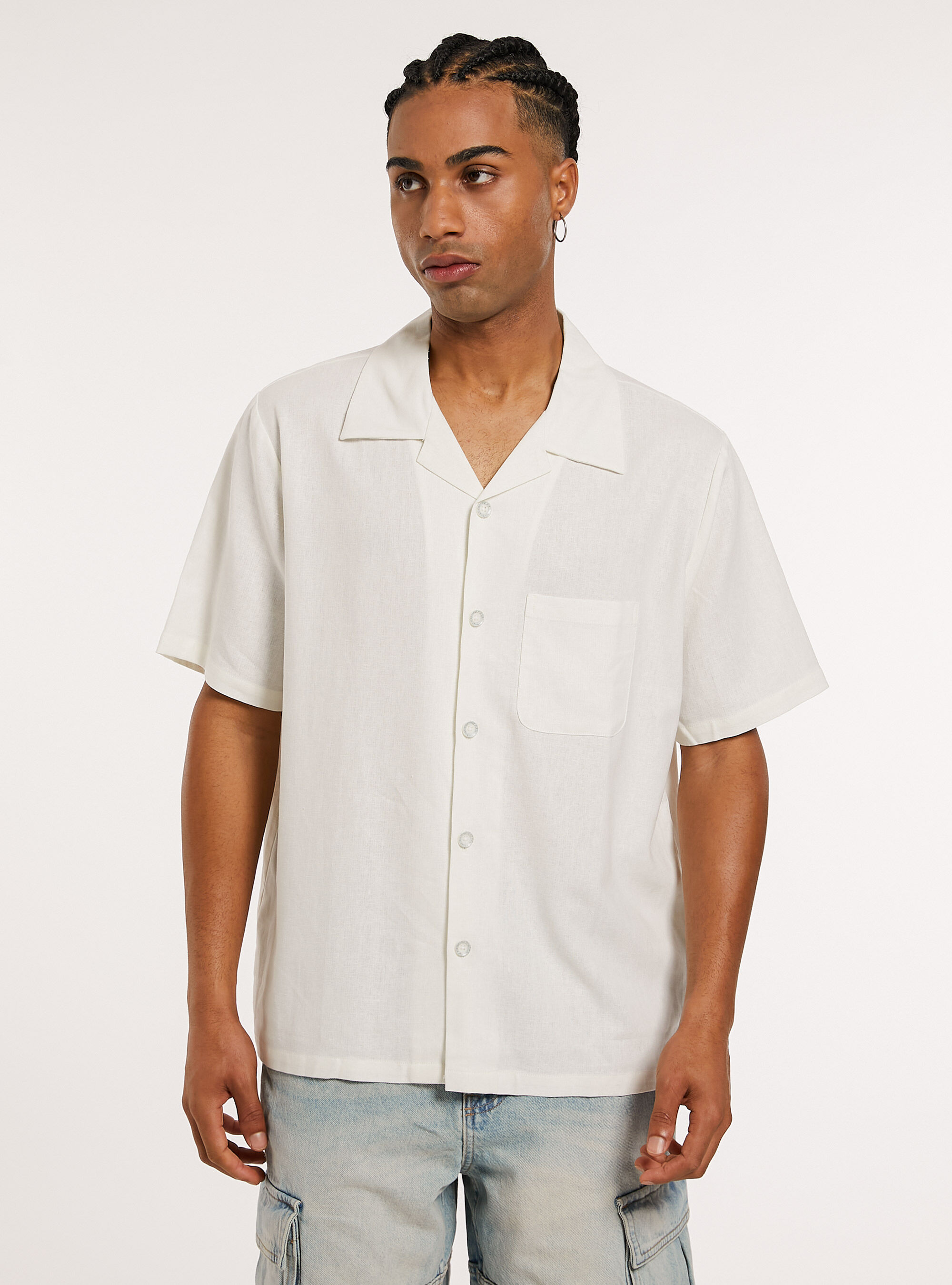 Camicia in misto  lino con tascone, WH2 WHITE