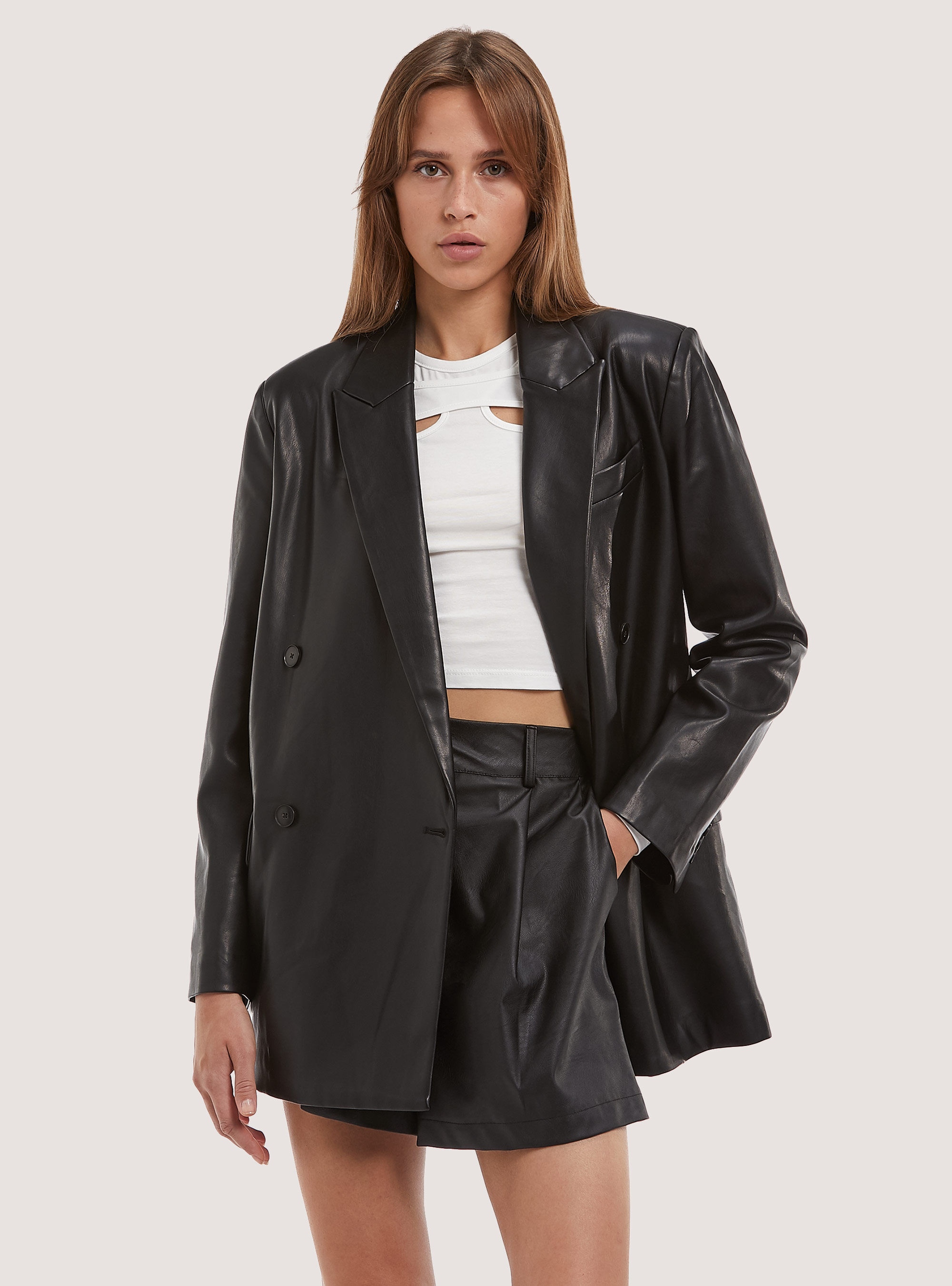 Oversize leather-effect double-breasted blazer, BK1 BLACK