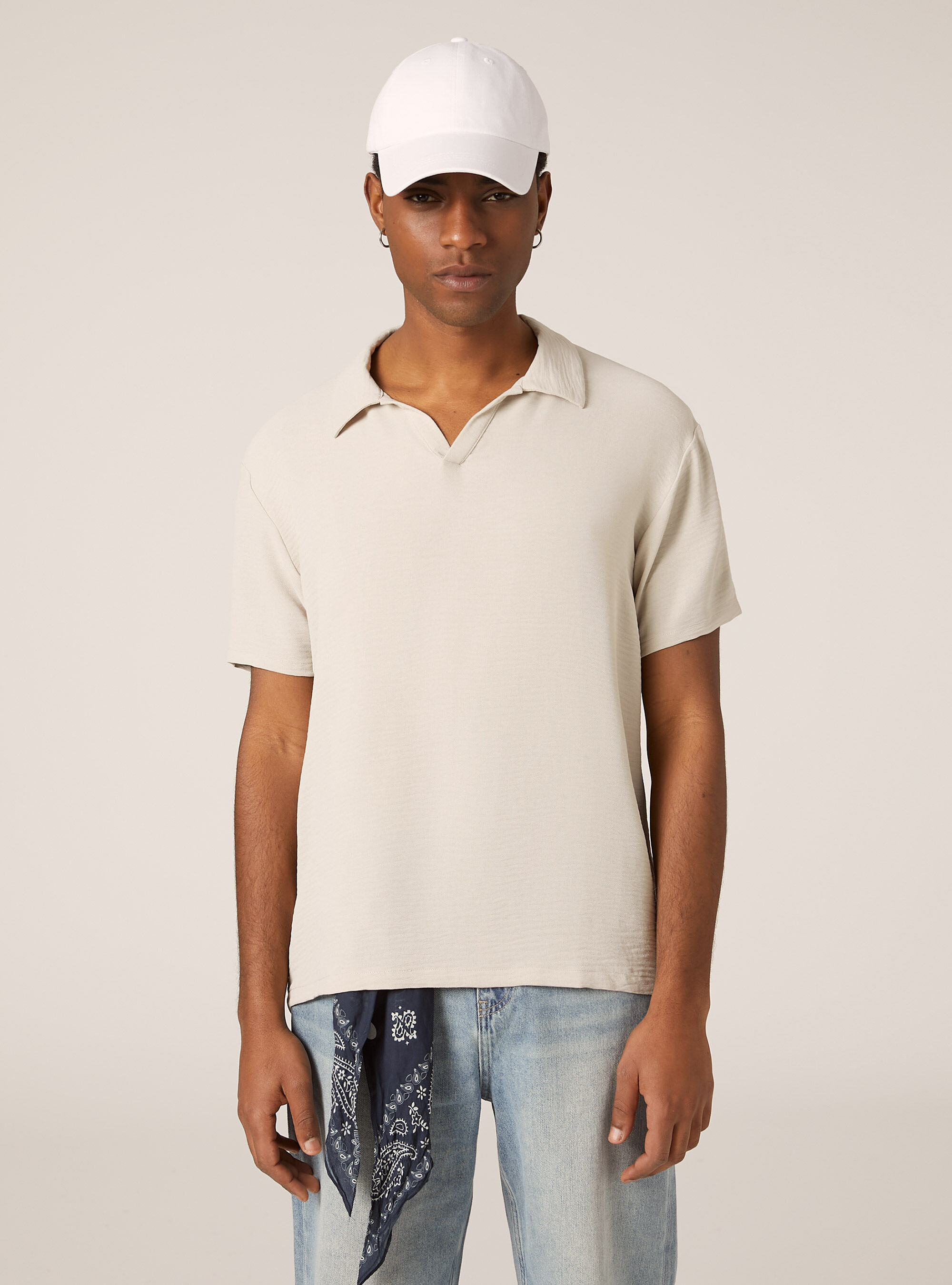 Crepe polo shirt with open collar, BG2 BEIGE MEDIUM