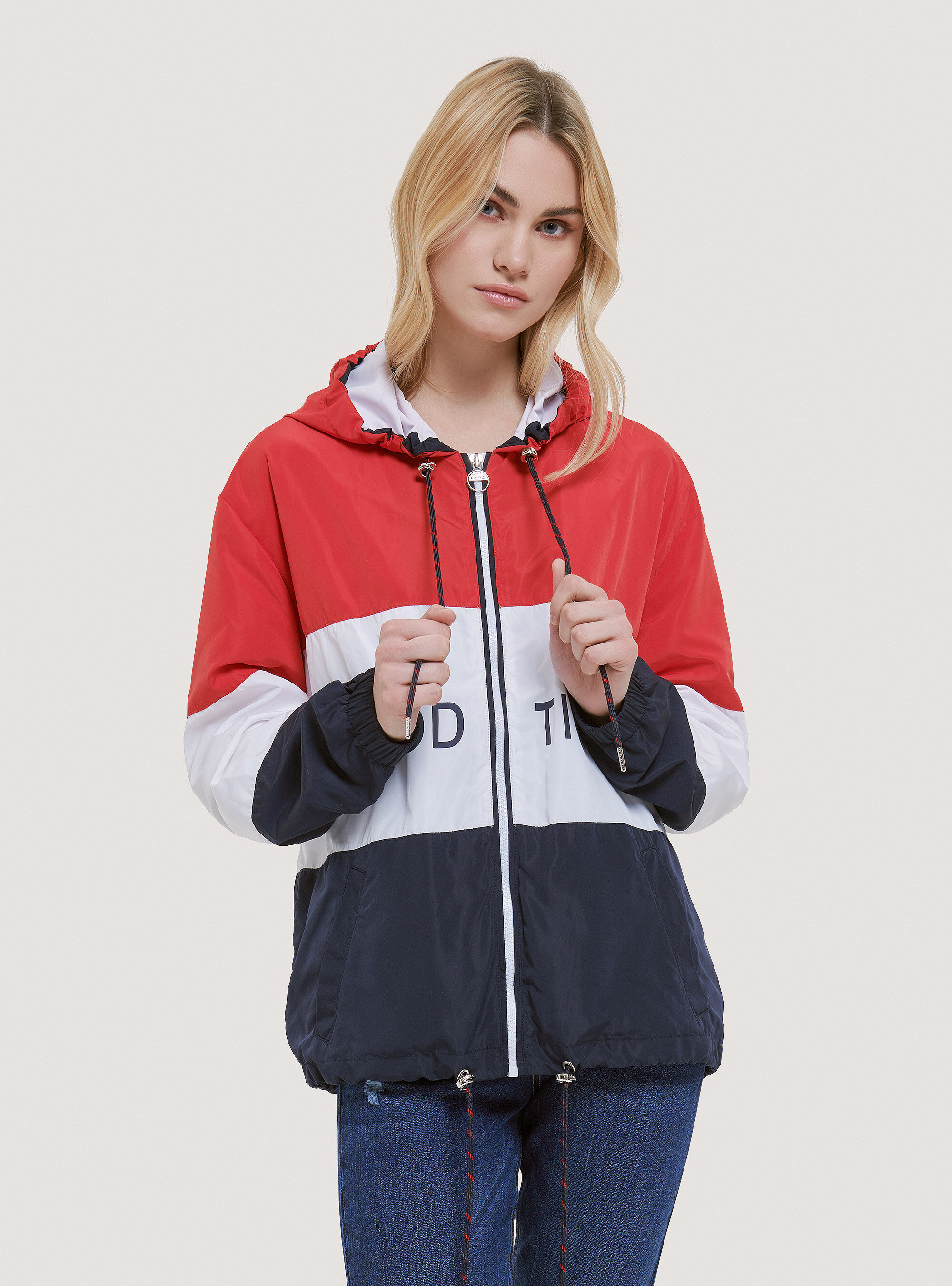 Windproof colour block jacket with lettering print, C3344 RED