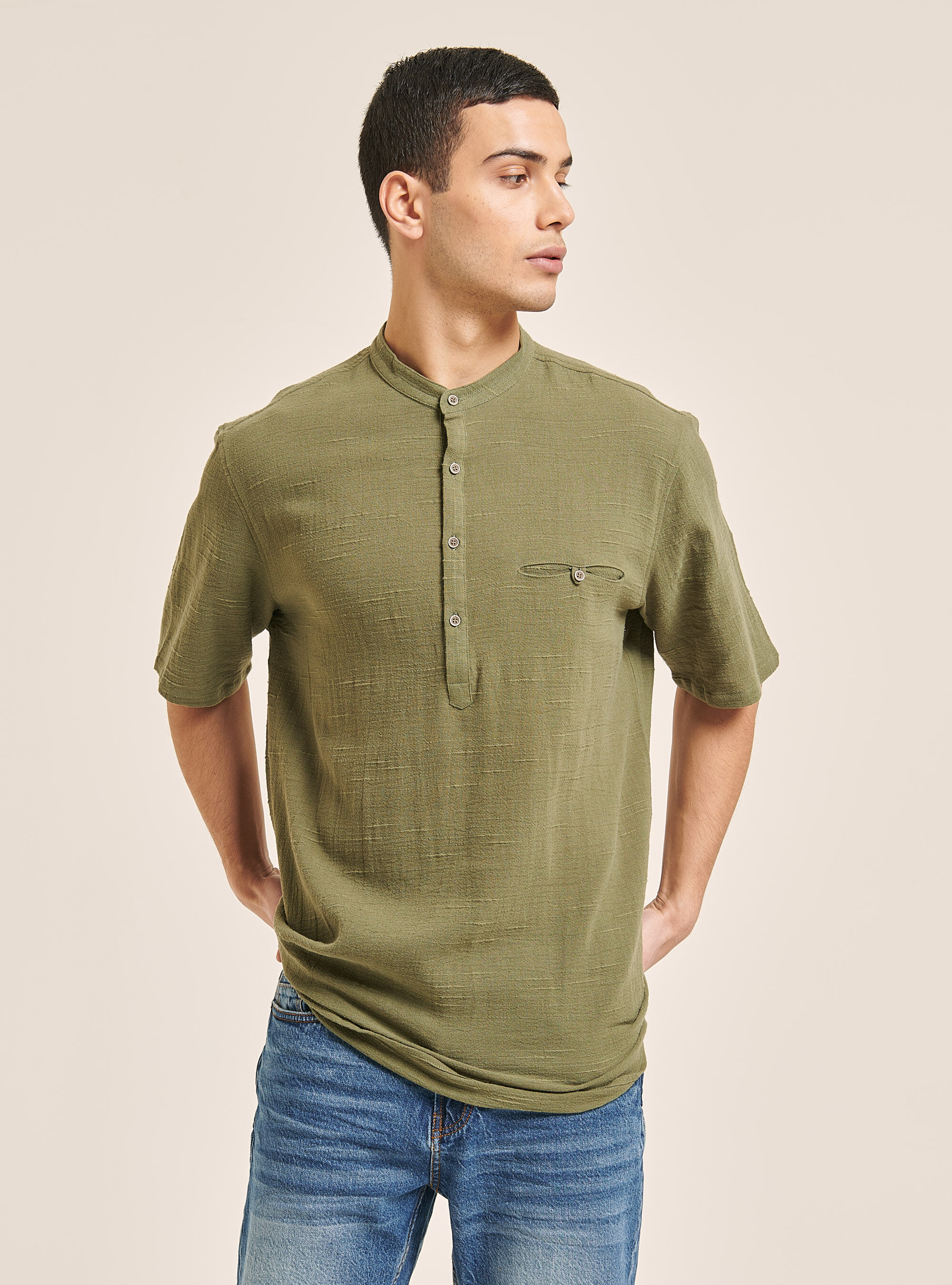 Camisa de mezcla de lino con cuello coreano, CAQUI
