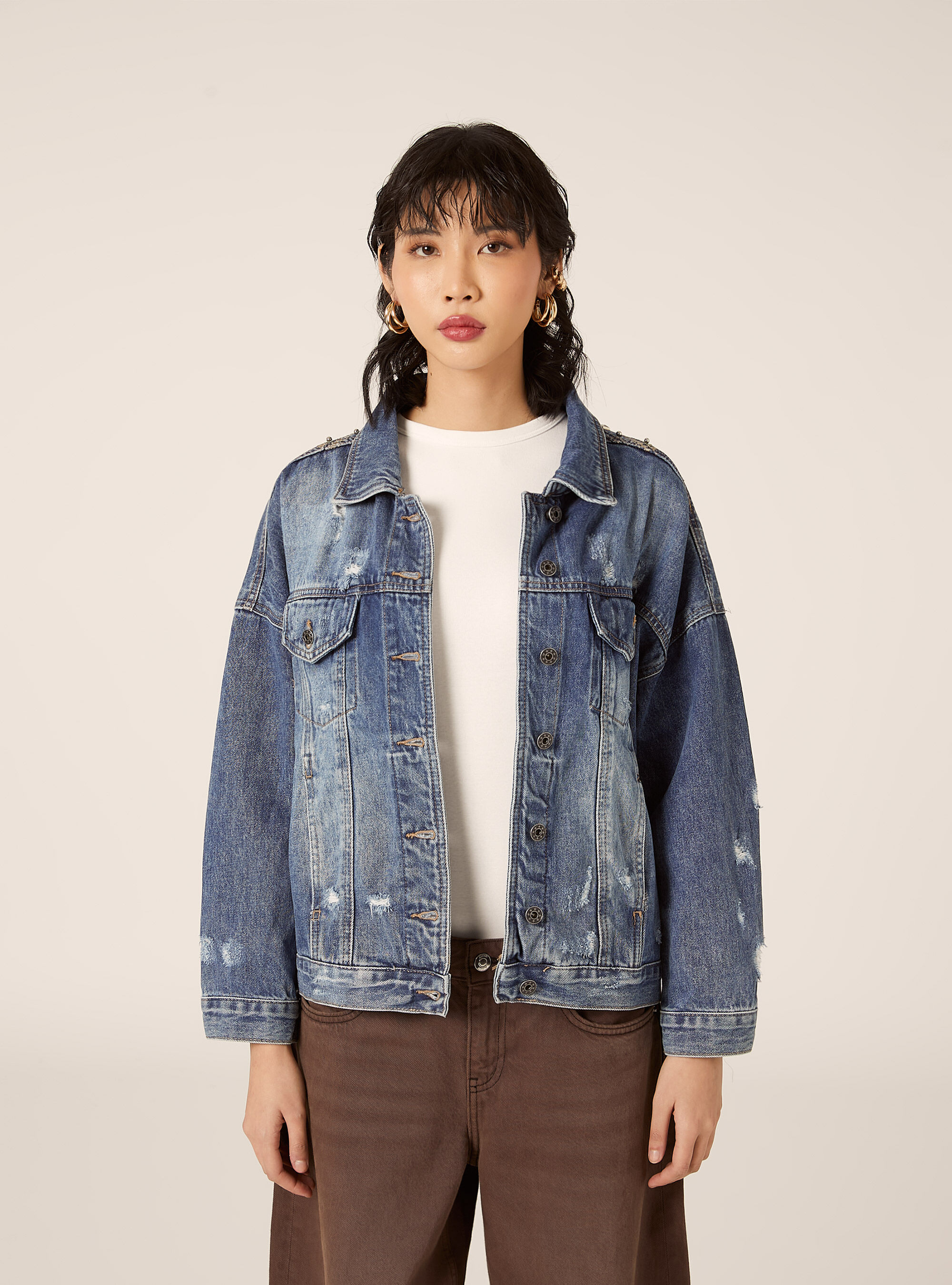 Giubbotto in denim con frange, D004 MEDIUM LIGHT BLUE