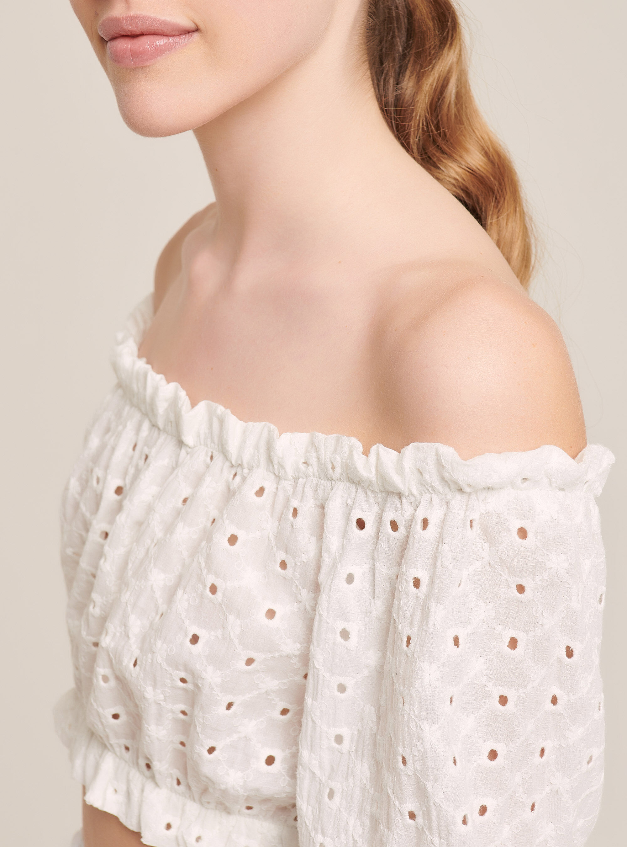 Blusa con scollo a barca in crochet, BIANCO