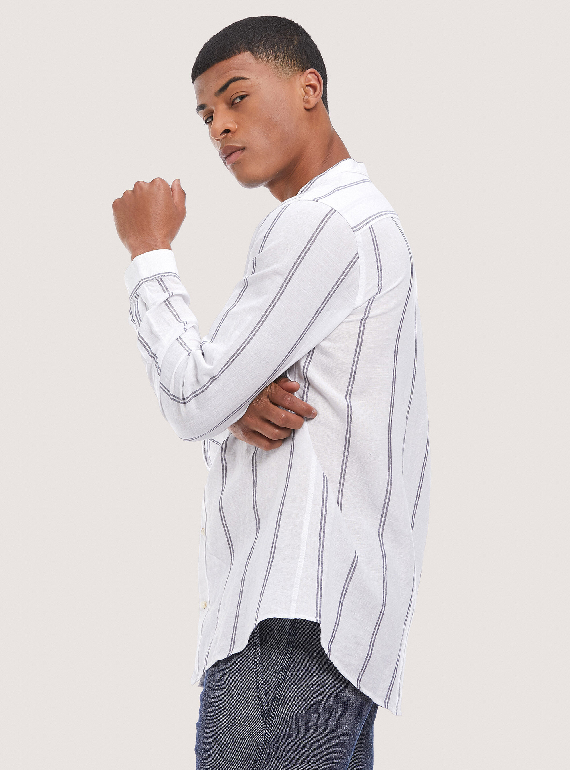 Linen blend striped shirt, BLUE NAVY