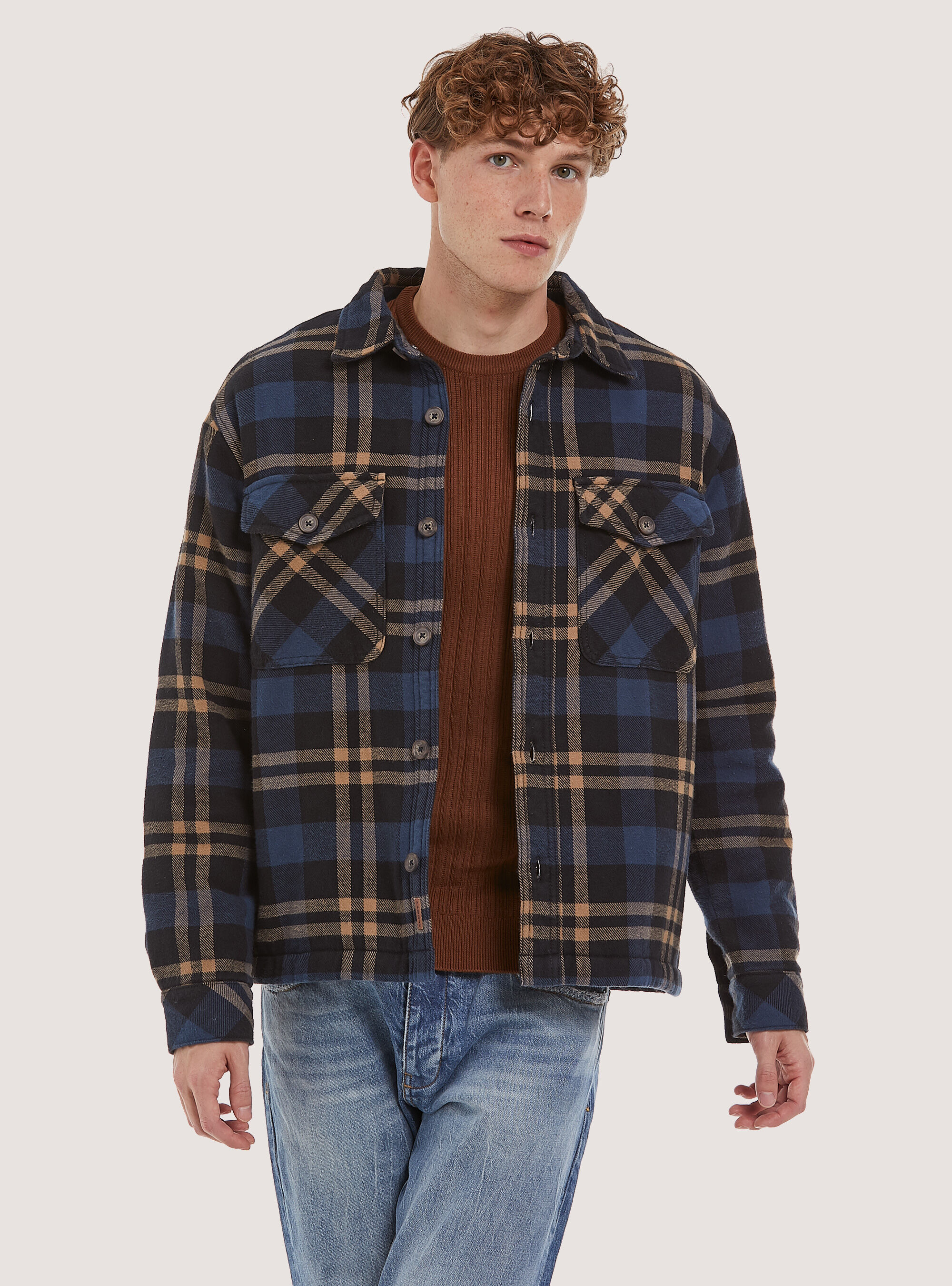 Giacca camicia imbottita a quadri con interno agnellato