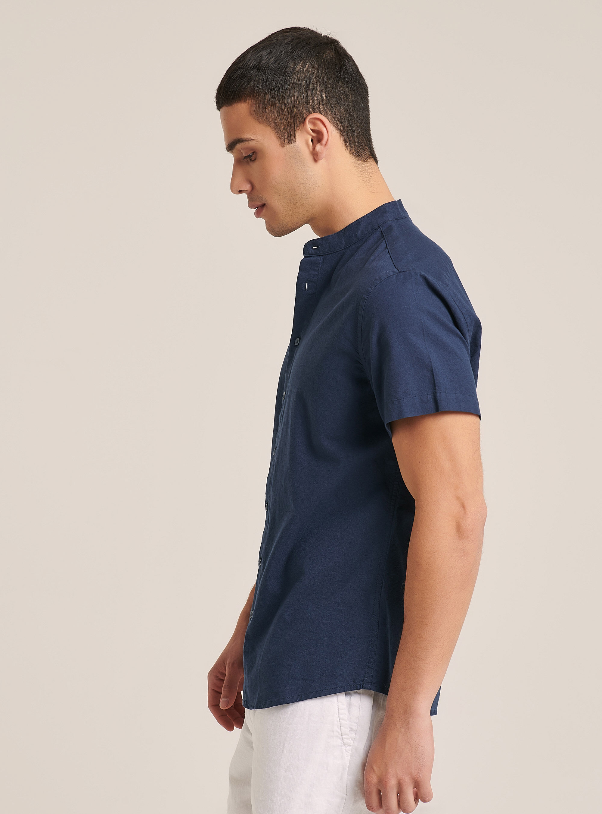 Camisa de manga corta con cuello coreano, AZUL