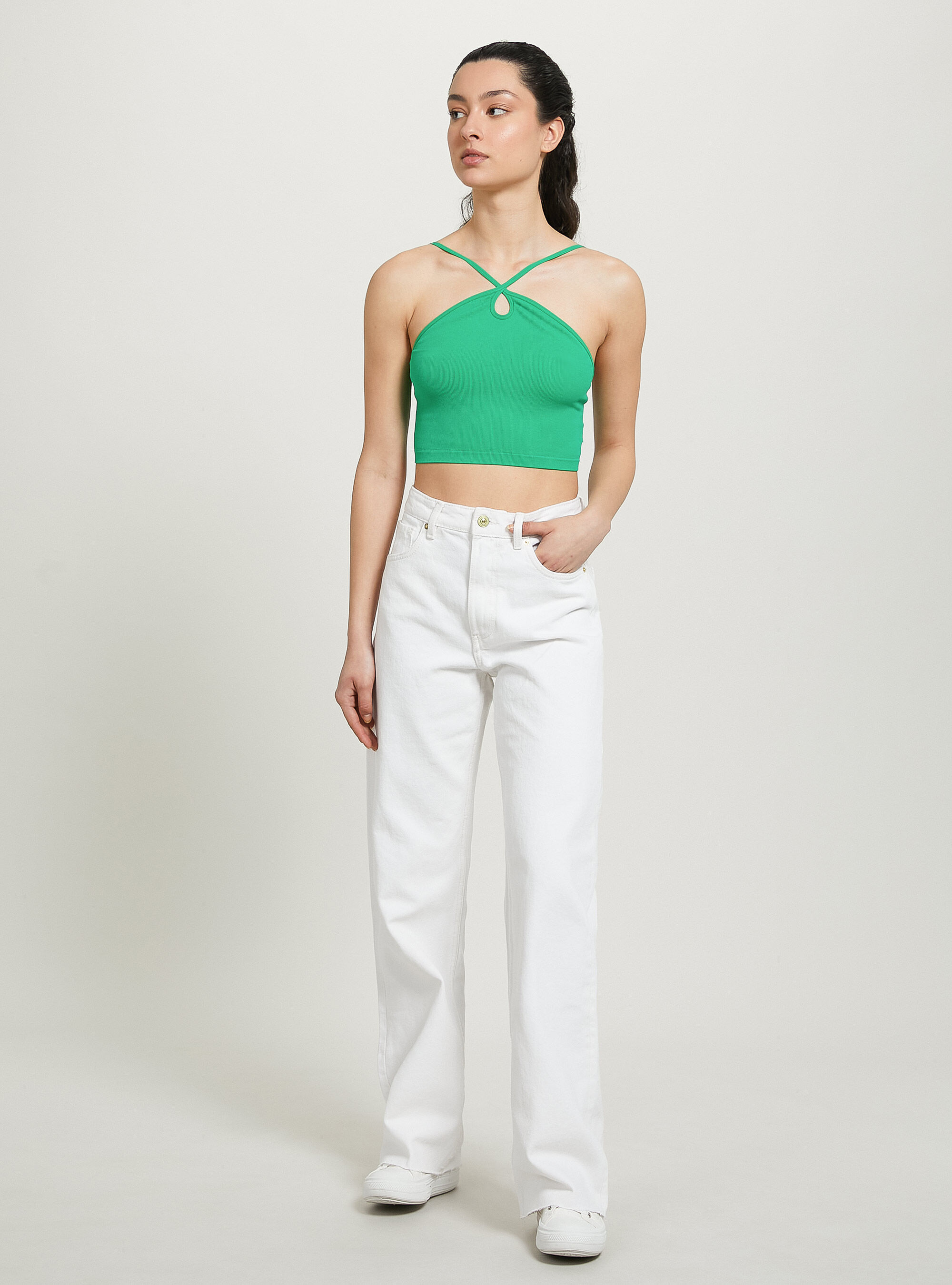Top cropped con scollo incrociato, GN2 GREEN MEDIUM