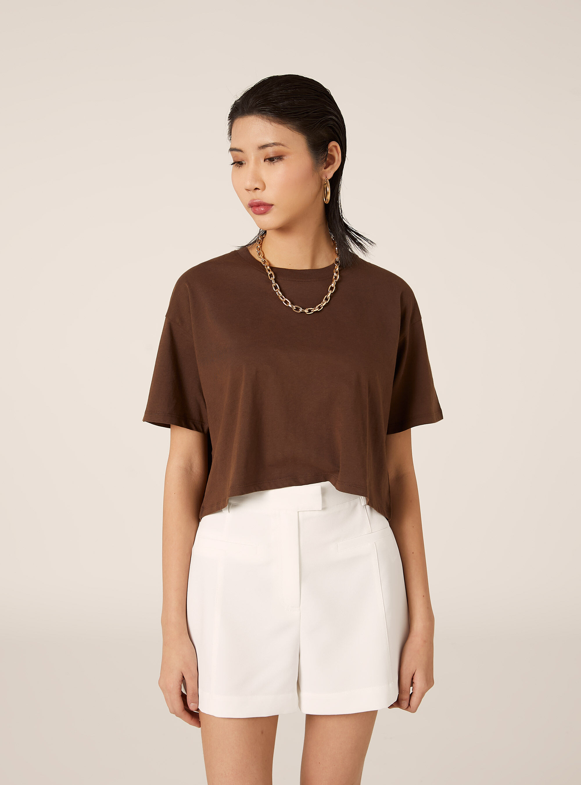 T-shirt crop over tinta unita, BR2 BROWN MEDIUM