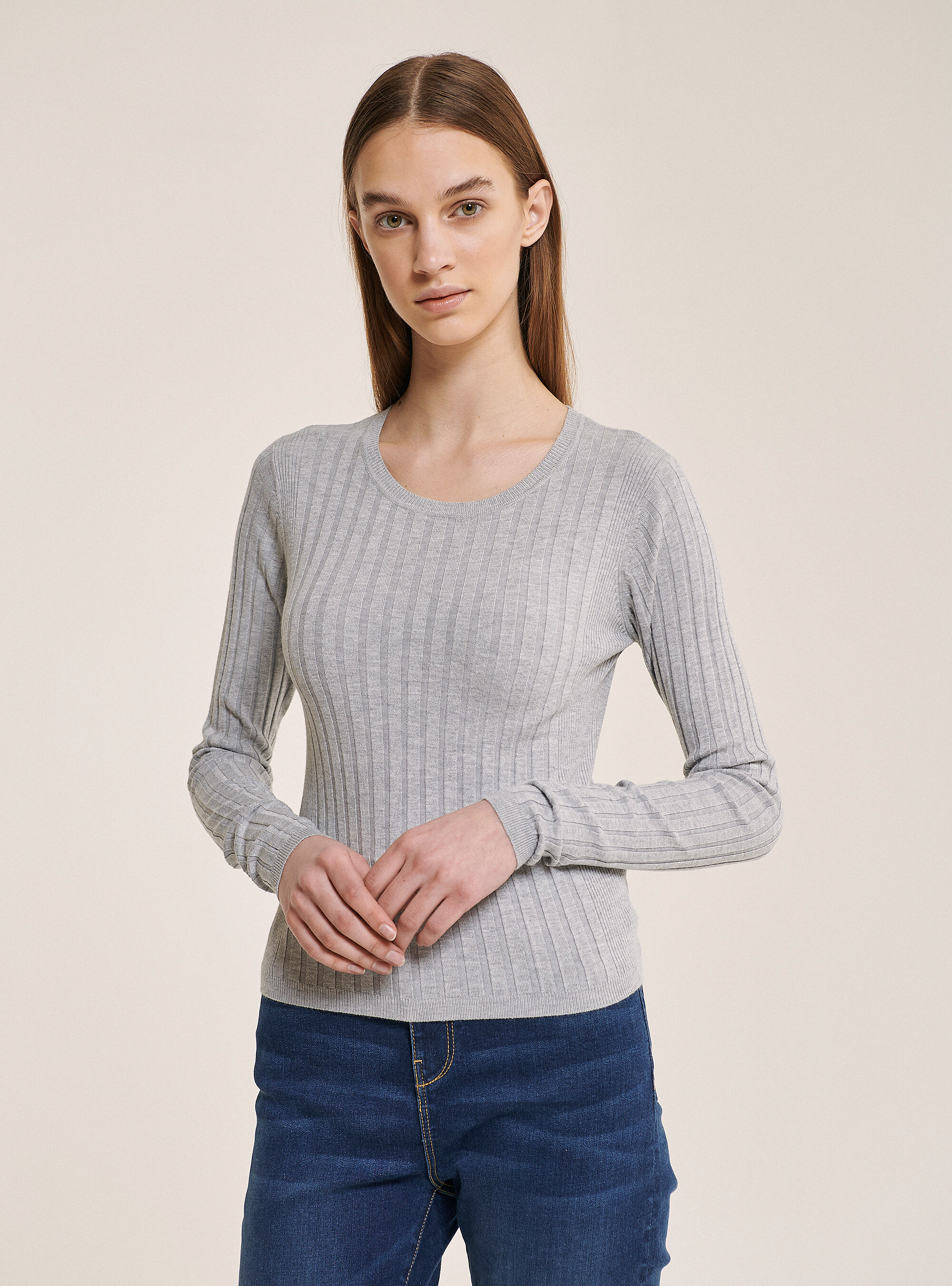 Pullover cropped lavorazione a costine, C1115 GREY MEL
