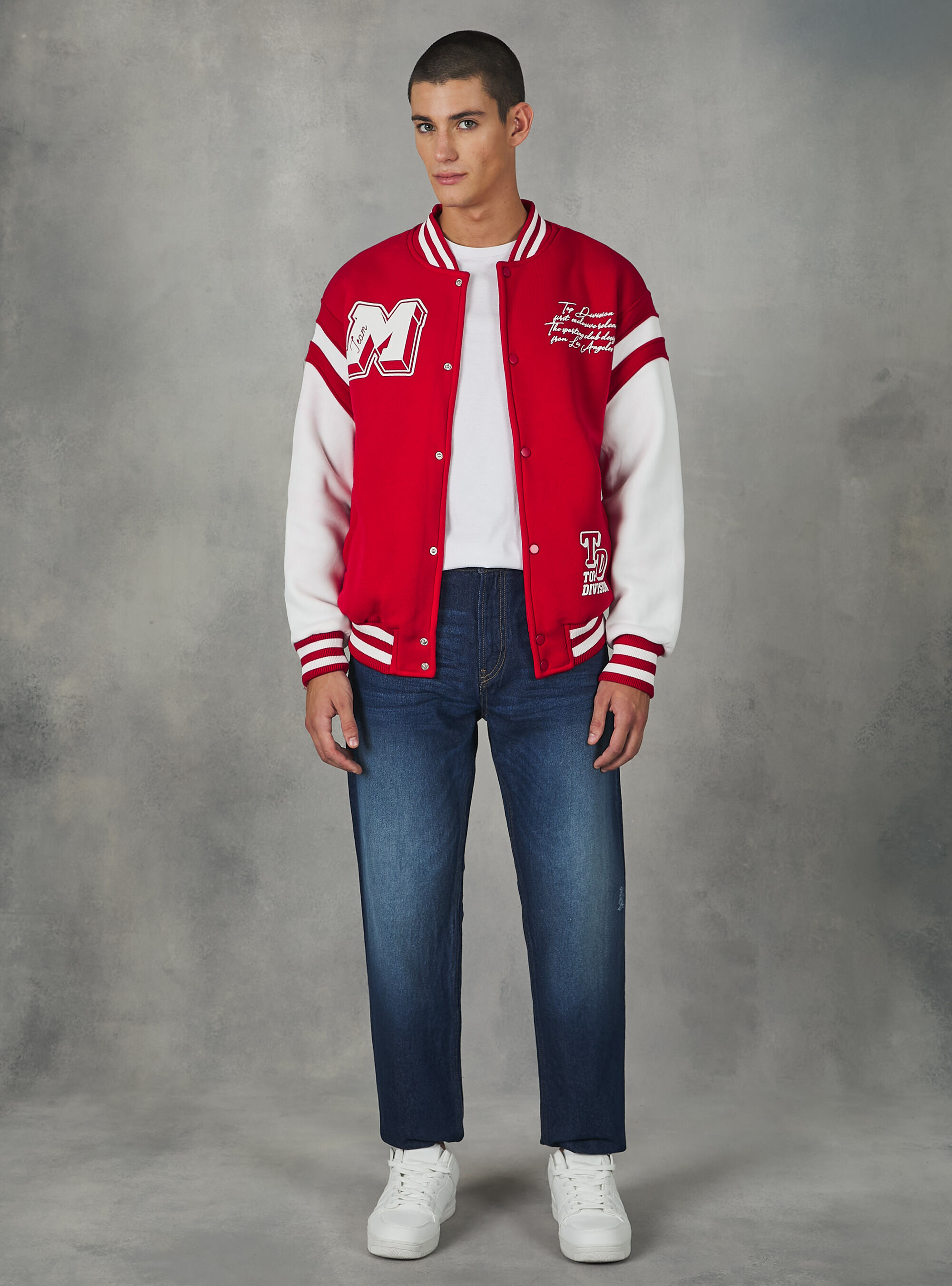 Bomber jacket red and on sale white