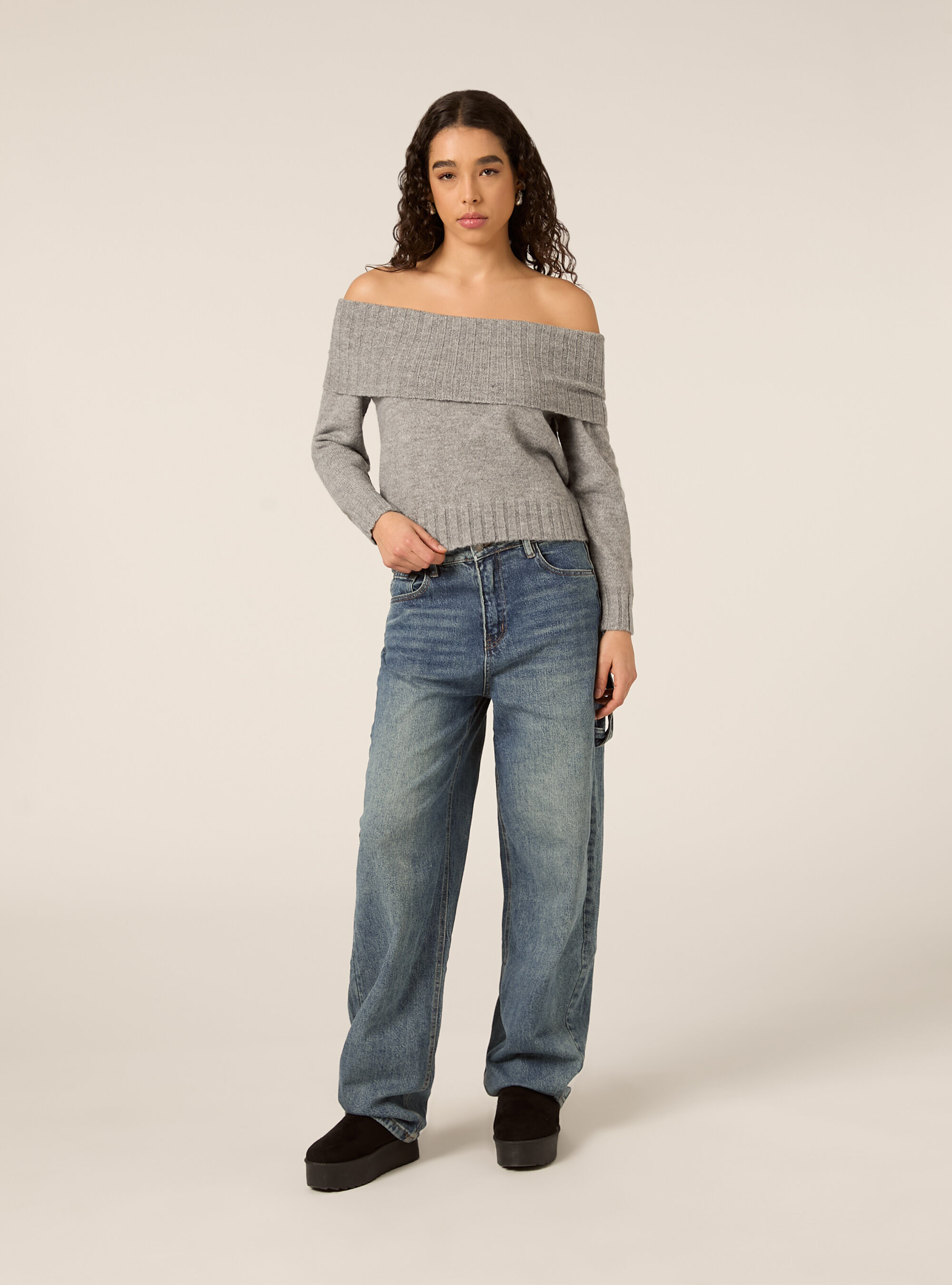 Maglia con spalle scoperte bardot, MGY2 GREY MEL MEDIUM