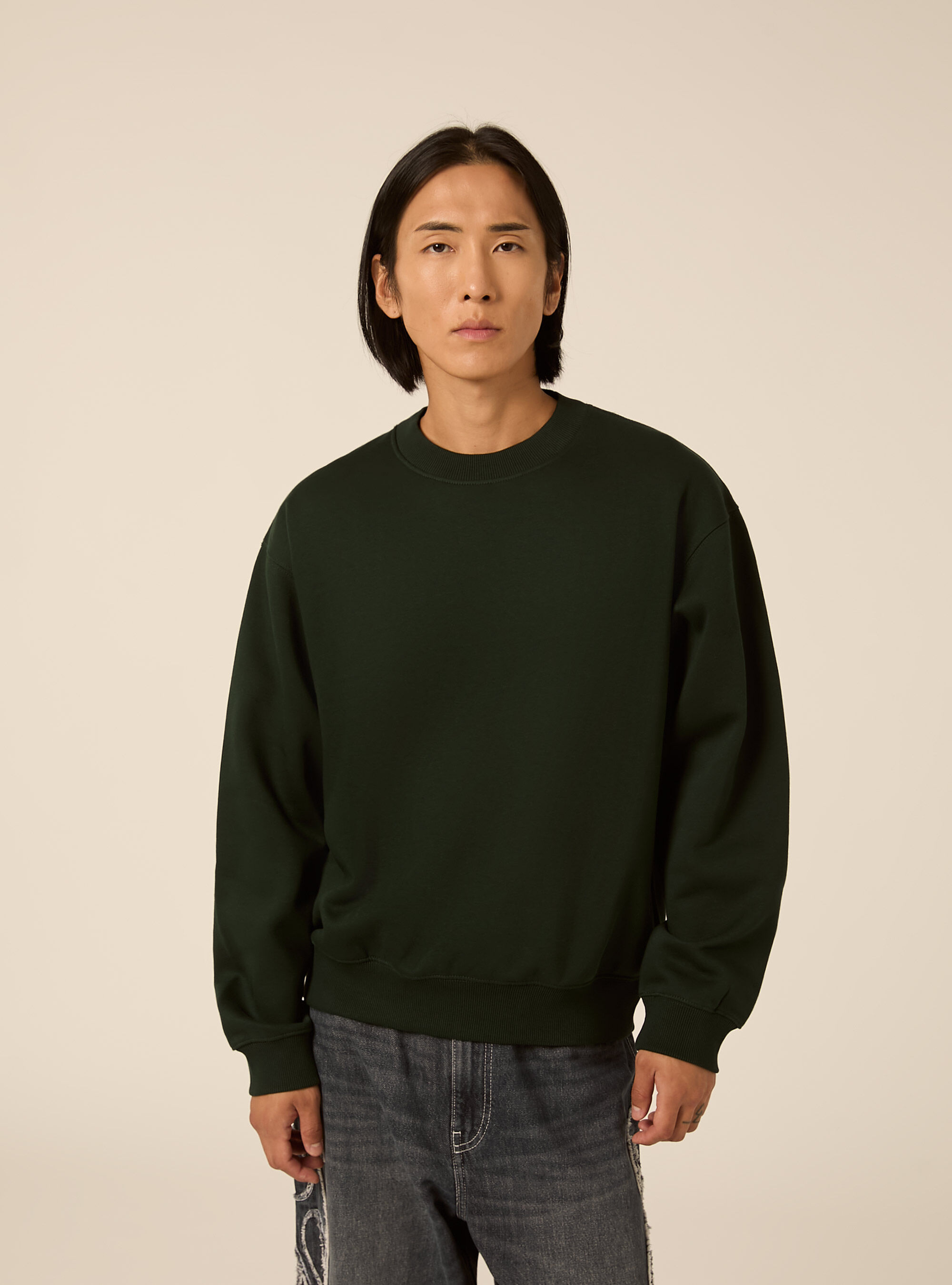 Basic boxy fit crewneck sweatshirt, GN1 GREEN DARK