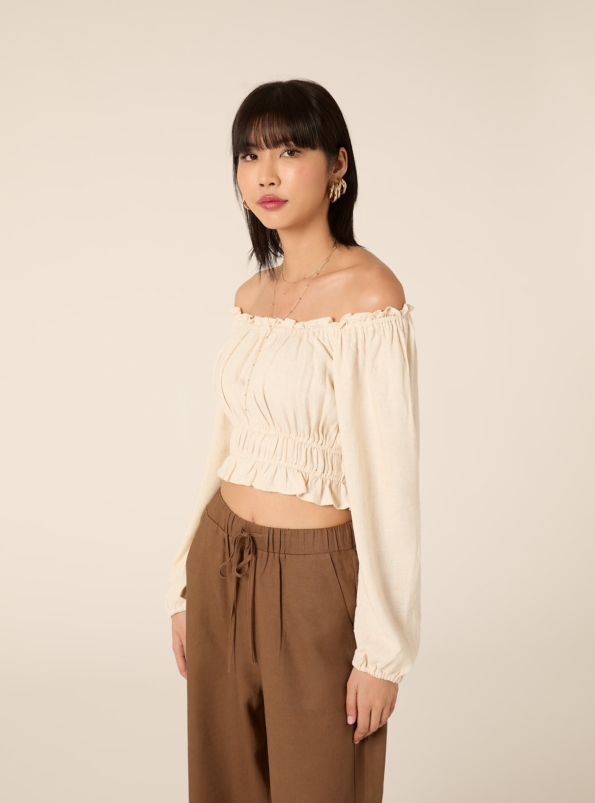 Blusa con spalle scoperte in misto lino, MBG3 BEIGE MEL LIGHT