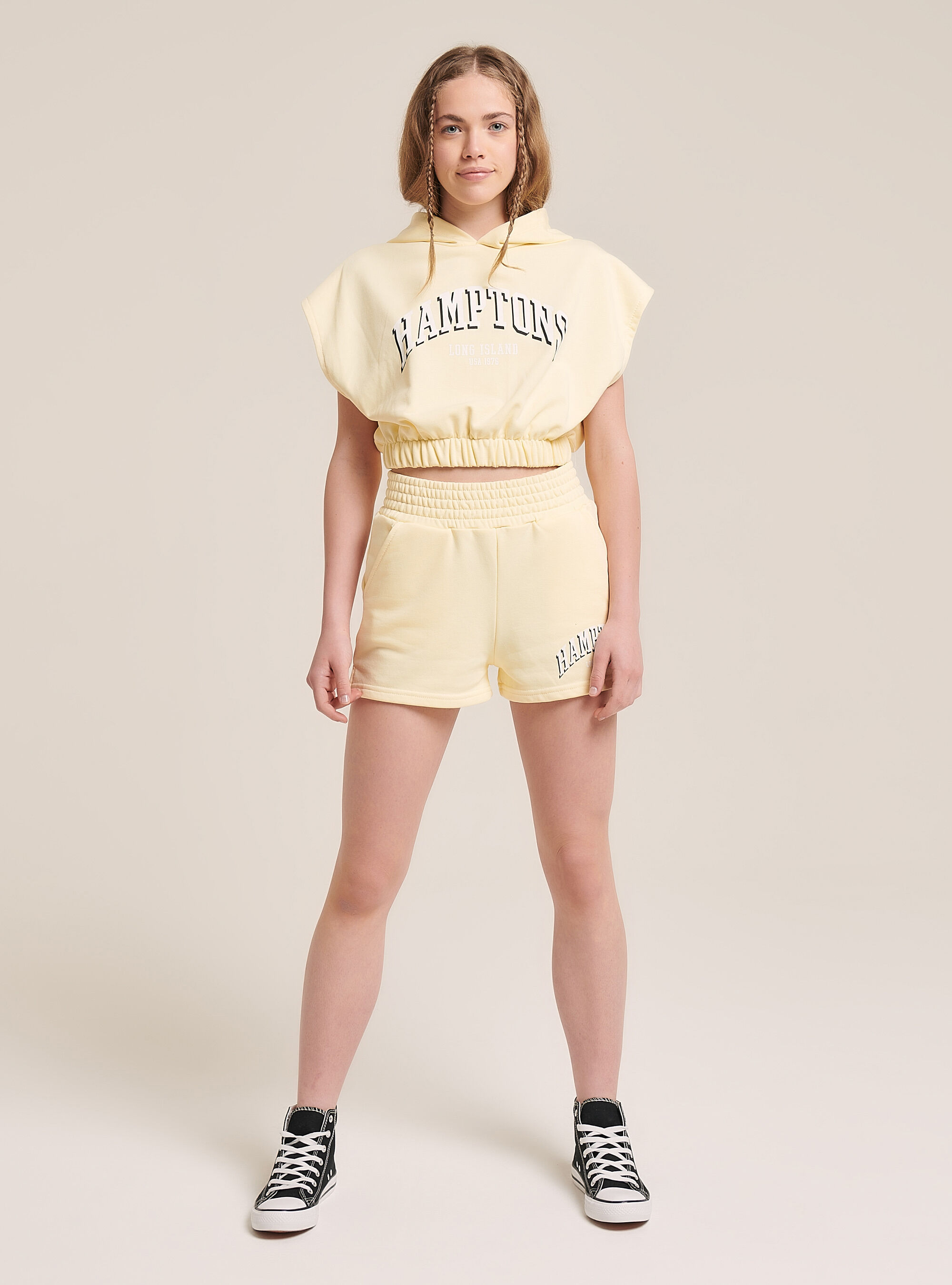 College crop sweatshirt with hood and lettering print, C7757 YELLOW