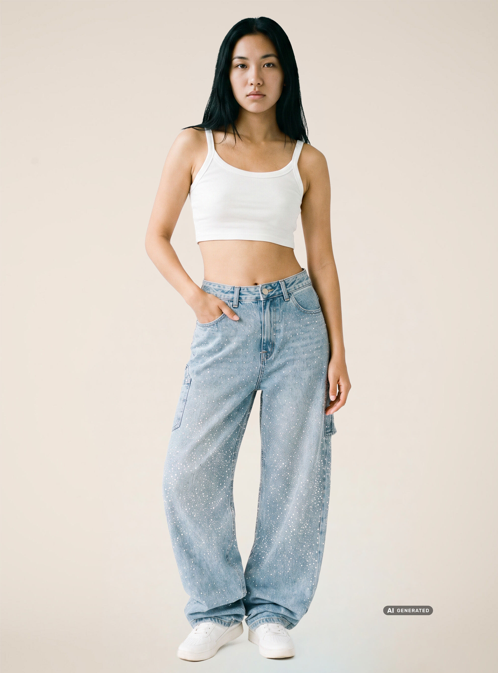 Baggy carpenter jeans with rhinestones