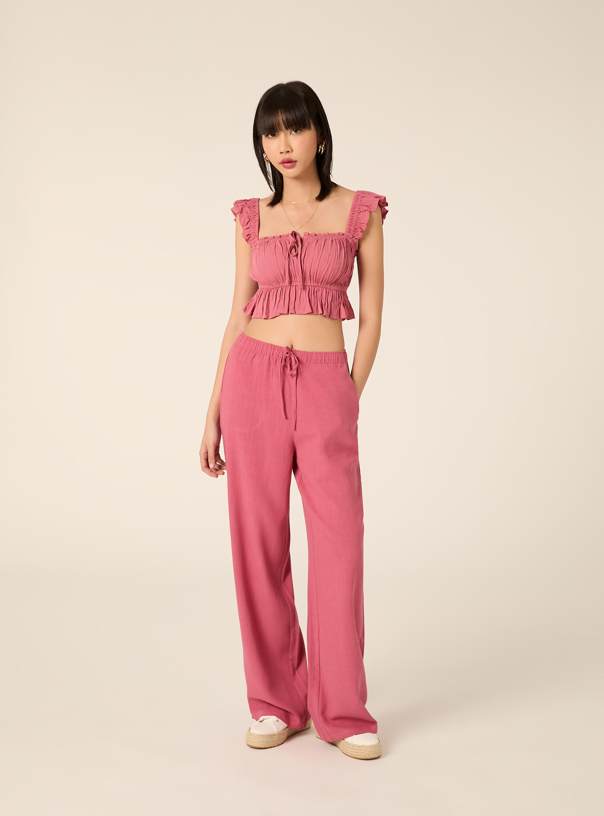 Pantaloni wide leg in misto lino, PK1 PINK DARK