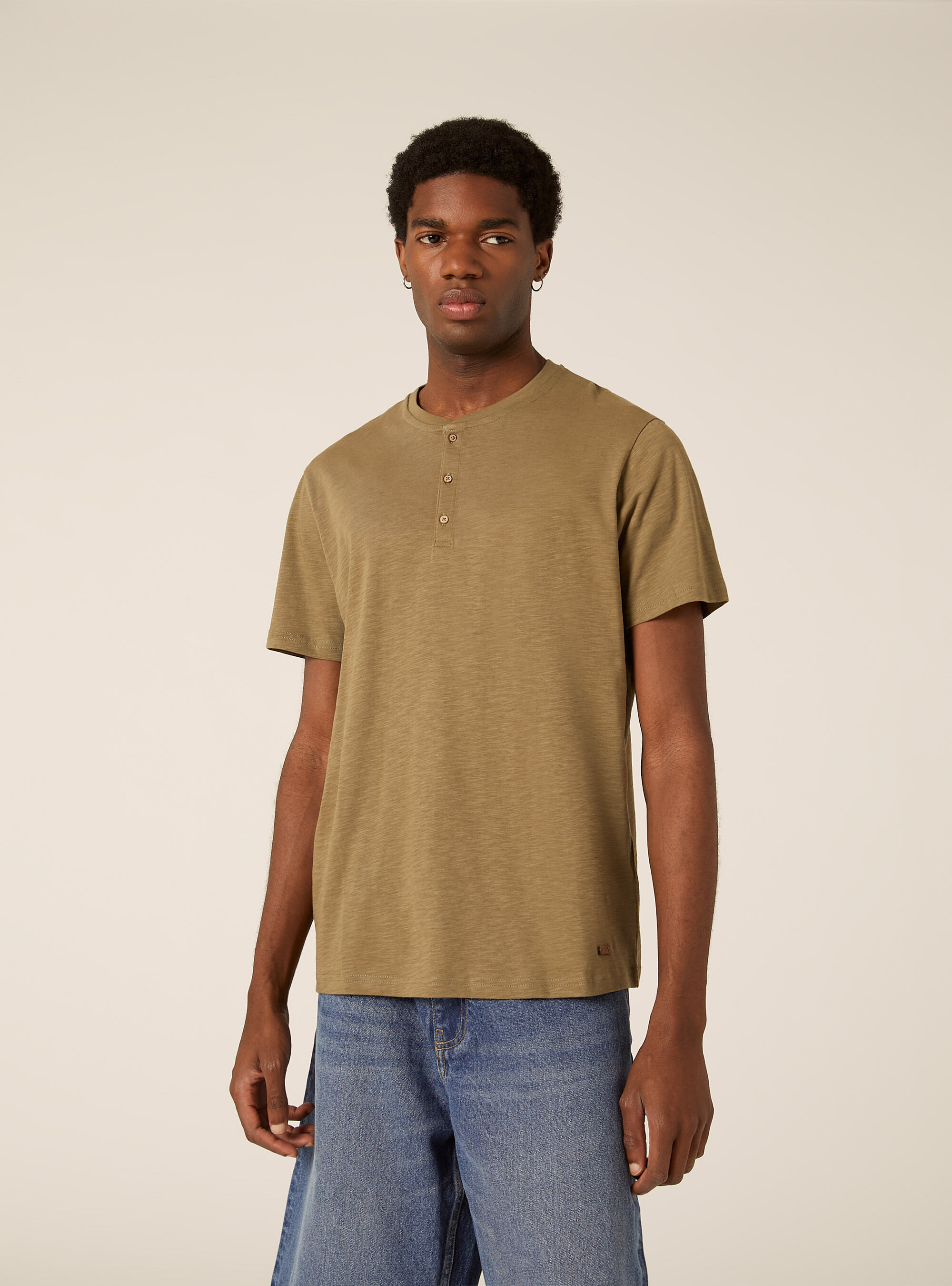 Cotton Henley T-Shirt, KY2 KAKY MEDIUM