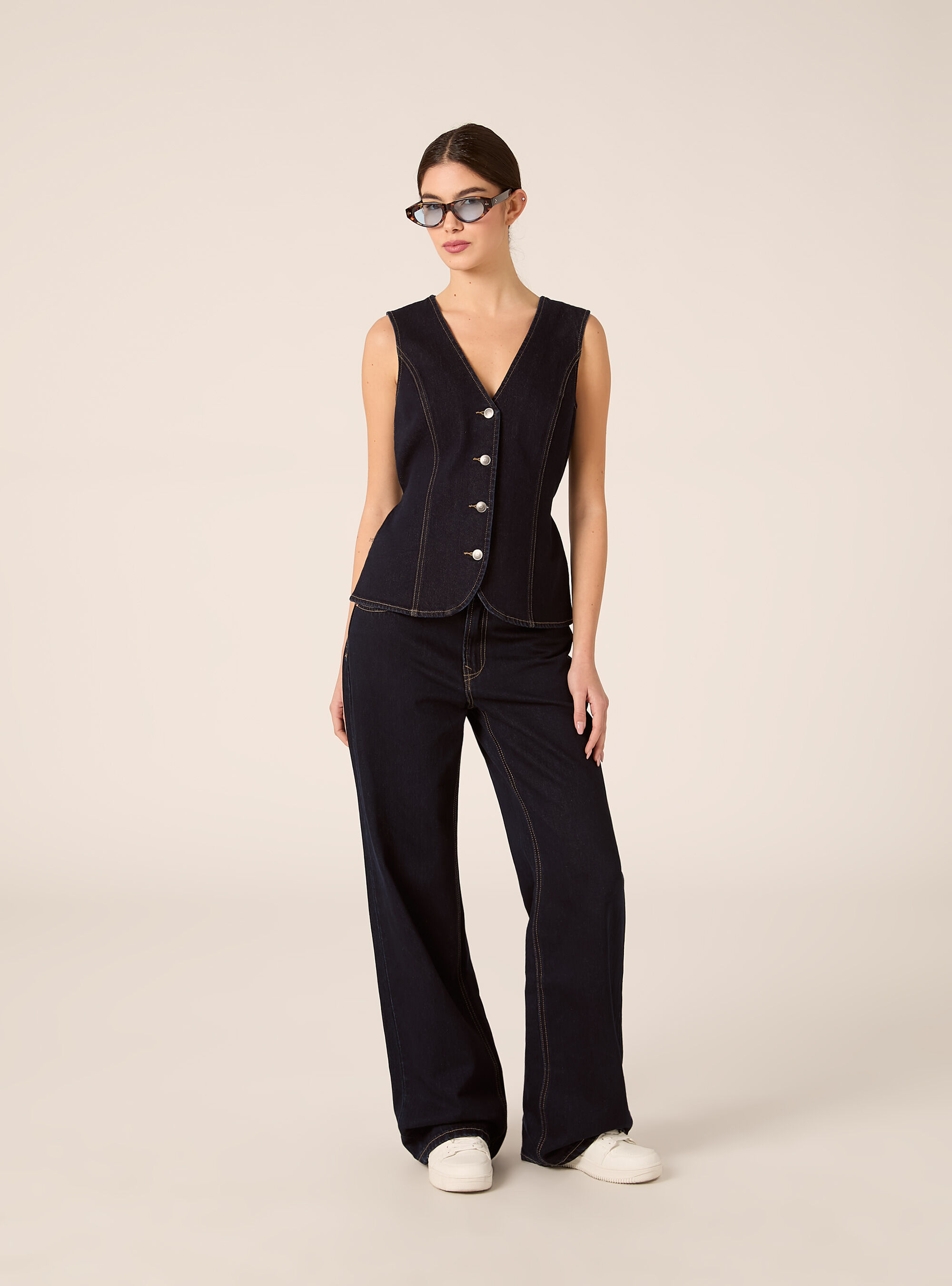 Gilet in denim con bottoni, D001 DEEP BLUE