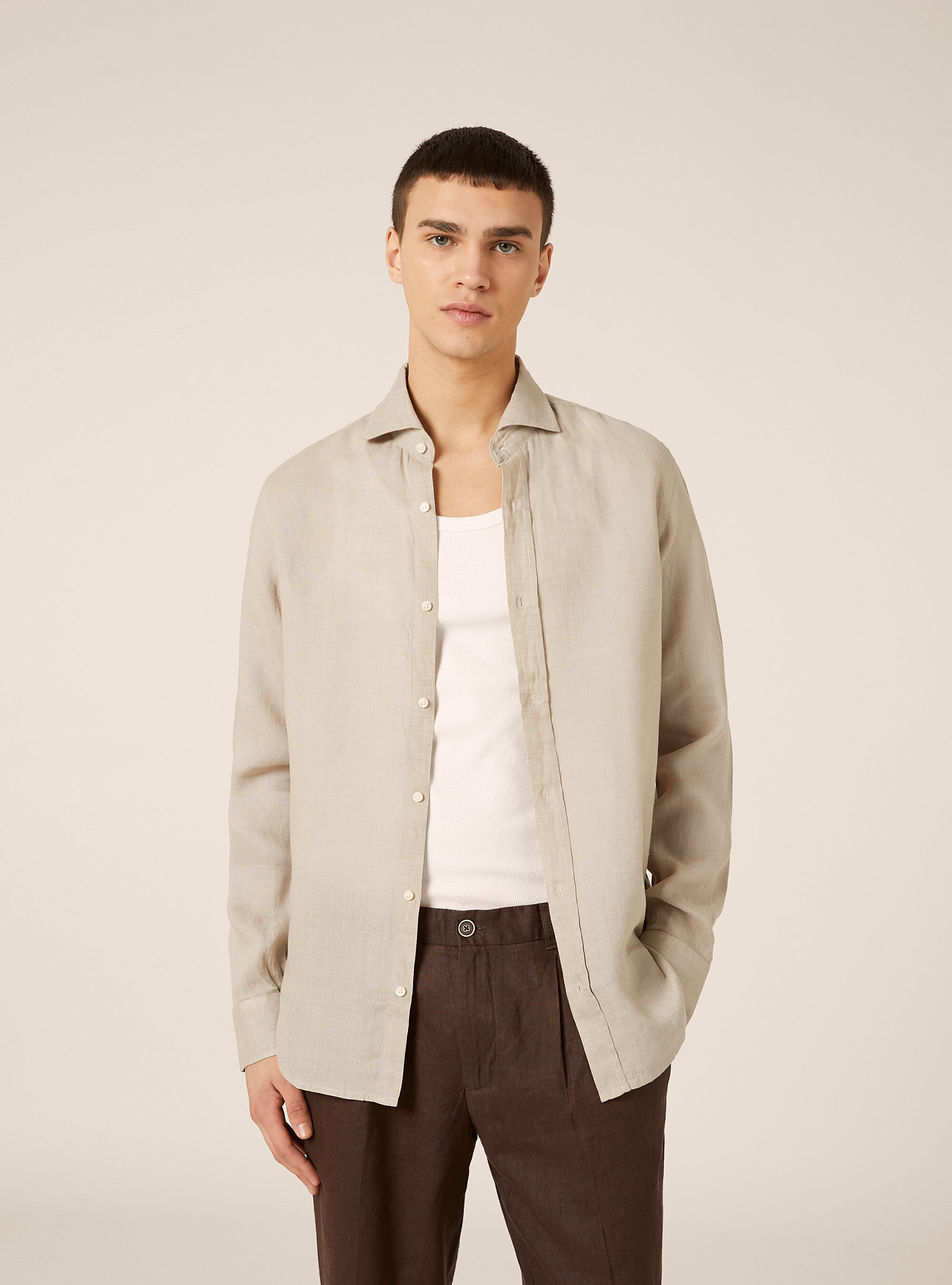 Camicia basica in lino, MBG2 BEIGE MEL MED