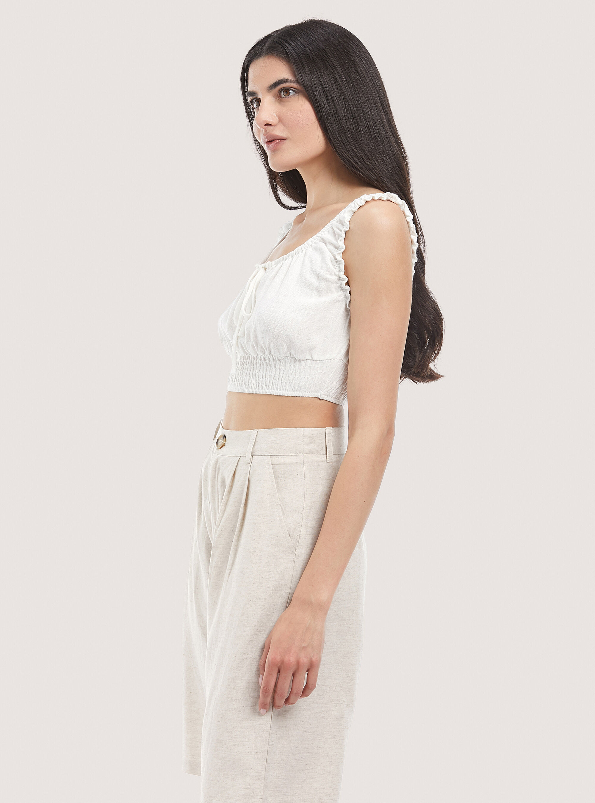 Blusa recortada en mezcla de lino, BLANCO