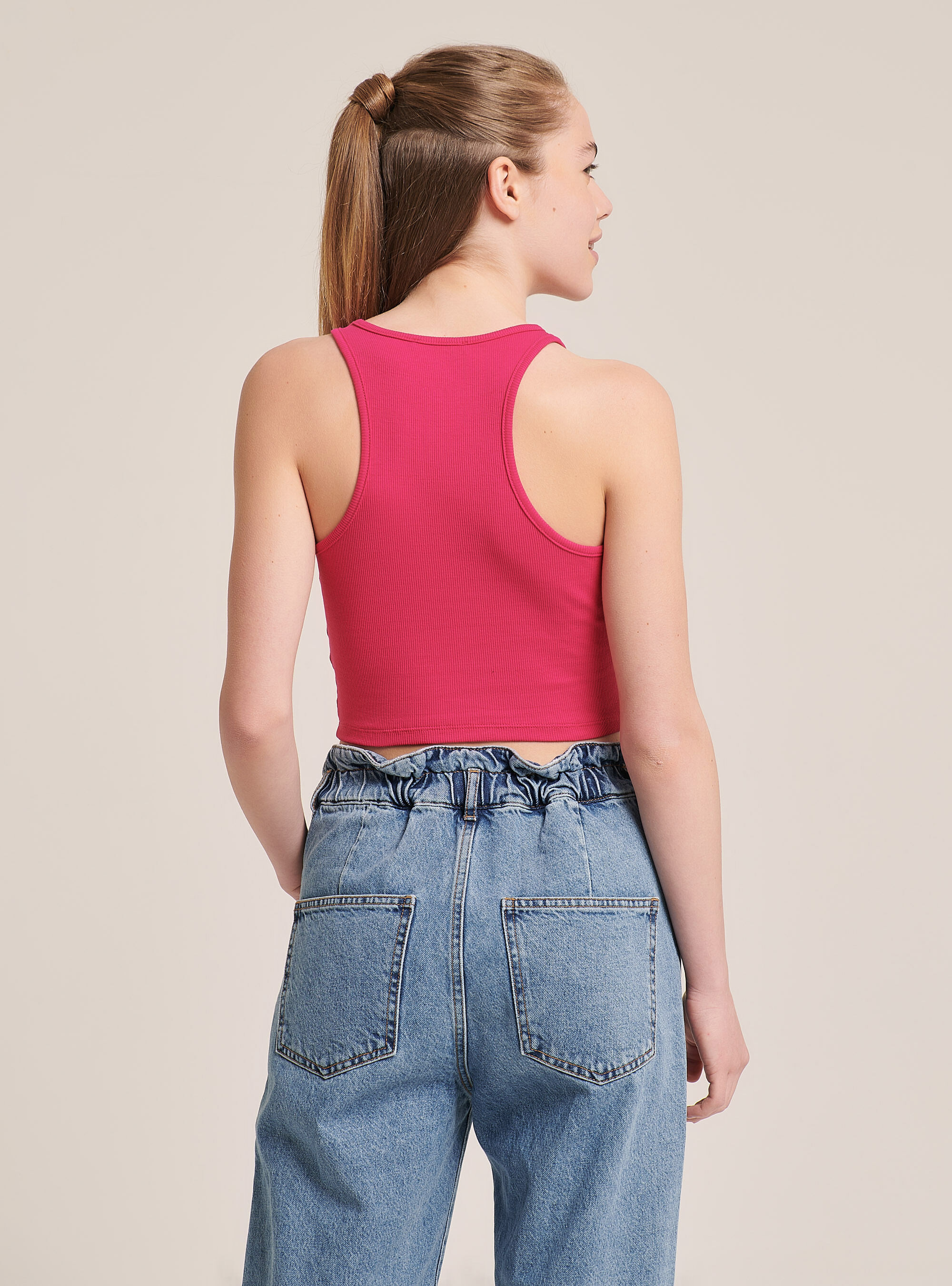 Elastic ribbed crop top in cotton, FUXIA